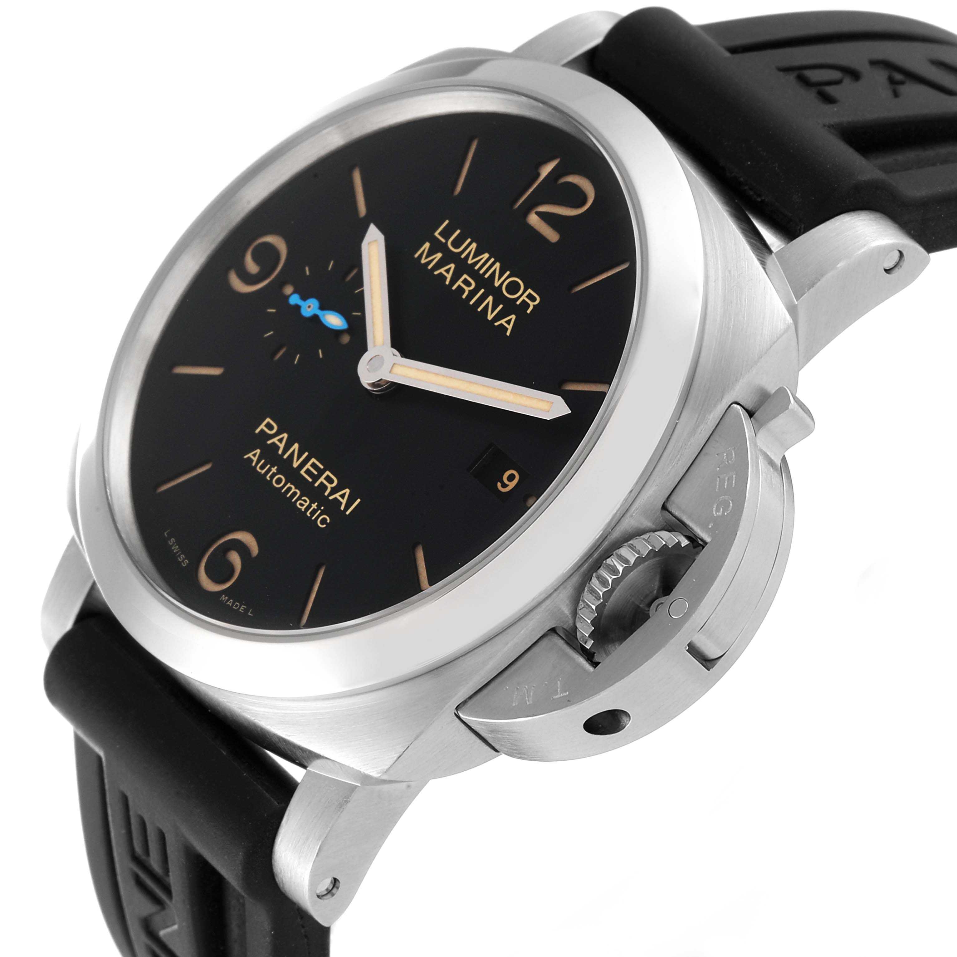 The image shows a Panerai Luminor PAM01392 Men's Stainless Steel Black Dial PAM01392 Men's Stainless Steel Black Dial Marina watch at an oblique angle, highlighting the black dial, crown guard, and black strap.