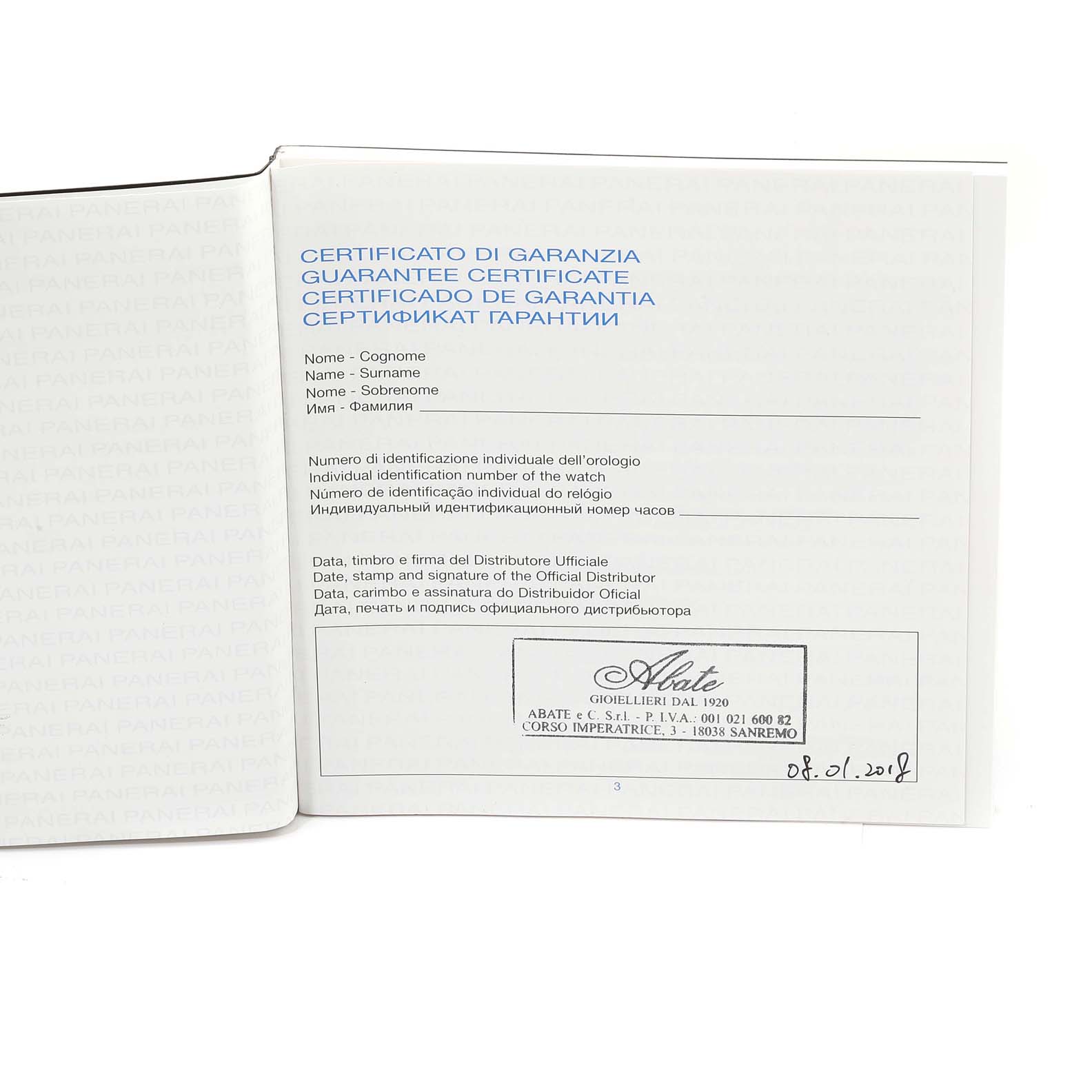 The image shows a guarantee certificate for a Panerai Luminor PAM01392 Men's Stainless Steel Black Dial PAM01392 Men's Stainless Steel Black Dial watch, featuring multiple languages and a dealer's stamp.