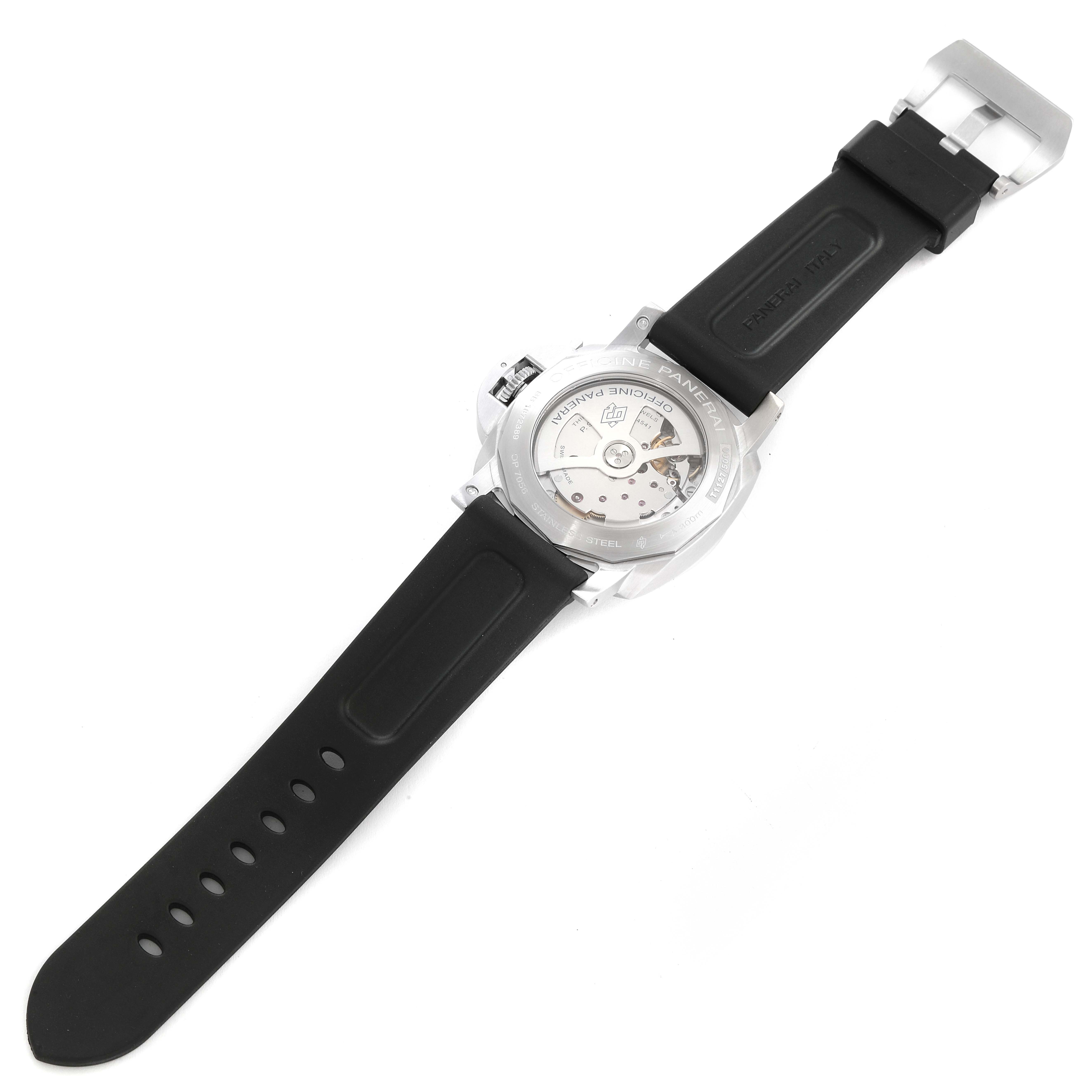 The image shows the back view of a Panerai Luminor PAM01392 Men's Stainless Steel Black Dial PAM01392 Men's Stainless Steel Black Dial watch, highlighting its transparent case back and black rubber strap.