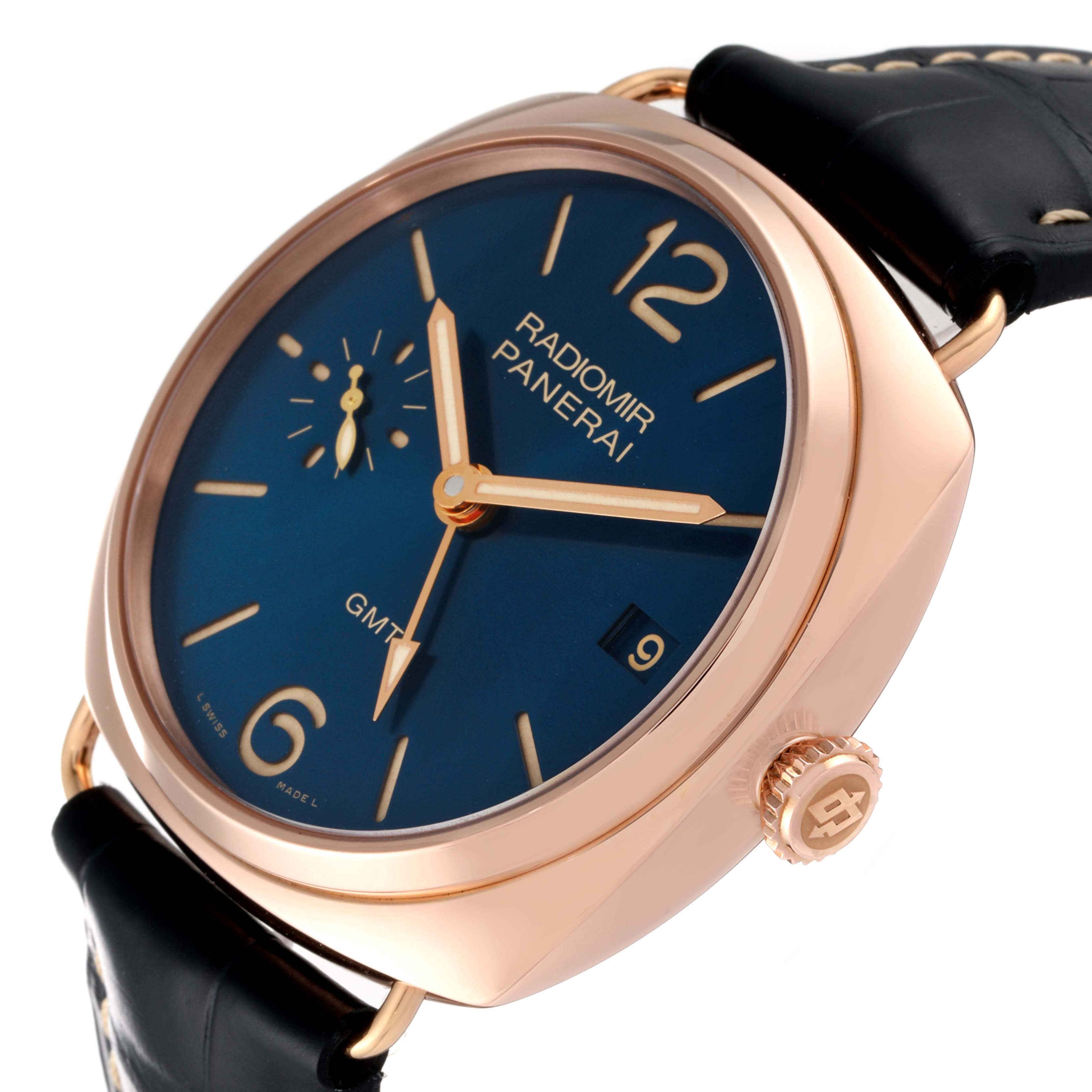 The image shows a Panerai Radiomir PAM00598 Men's Rose Gold Blue Dial PAM00598 Men's Rose Gold Blue Dial watch from an angled perspective, highlighting the dial, hands, case, and crown.