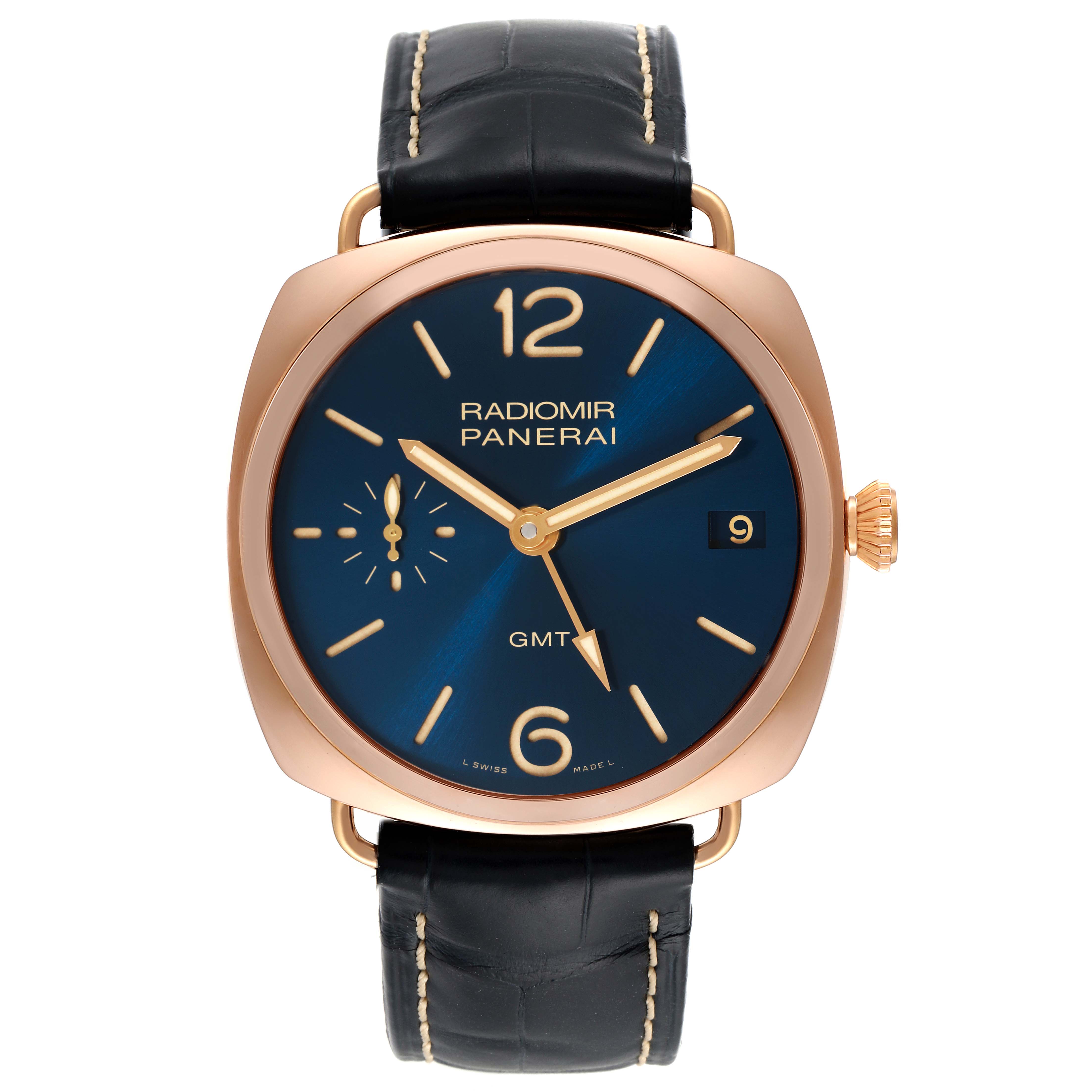 The image shows a front view of a Panerai Radiomir PAM00598 Men's Rose Gold Blue Dial PAM00598 Men's Rose Gold Blue Dial watch with a blue dial and black leather strap.