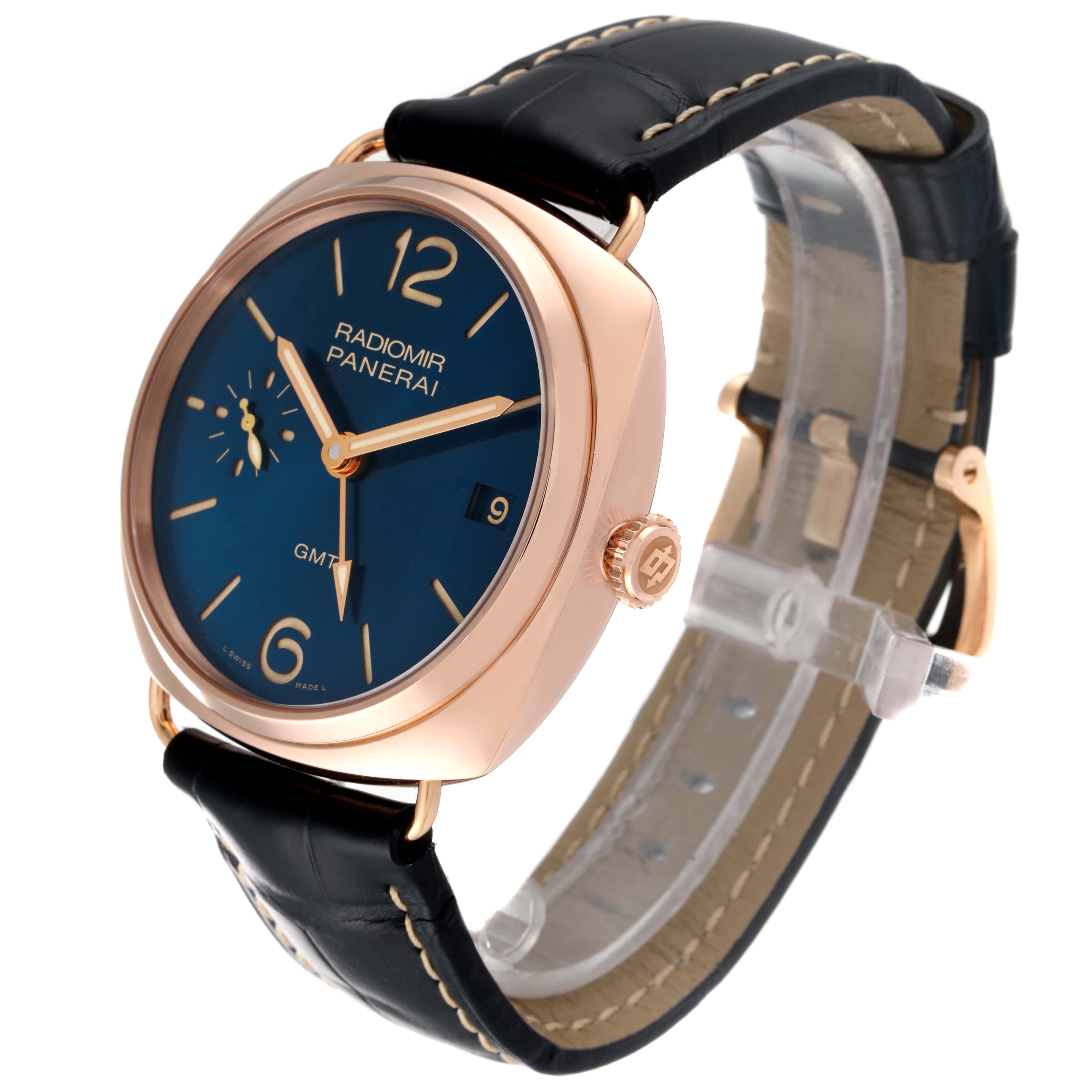 The Panerai Radiomir PAM00598 Men's Rose Gold Blue Dial PAM00598 Men's Rose Gold Blue Dial watch is shown at a three-quarter angle, displaying its round dial, crown, and leather strap.