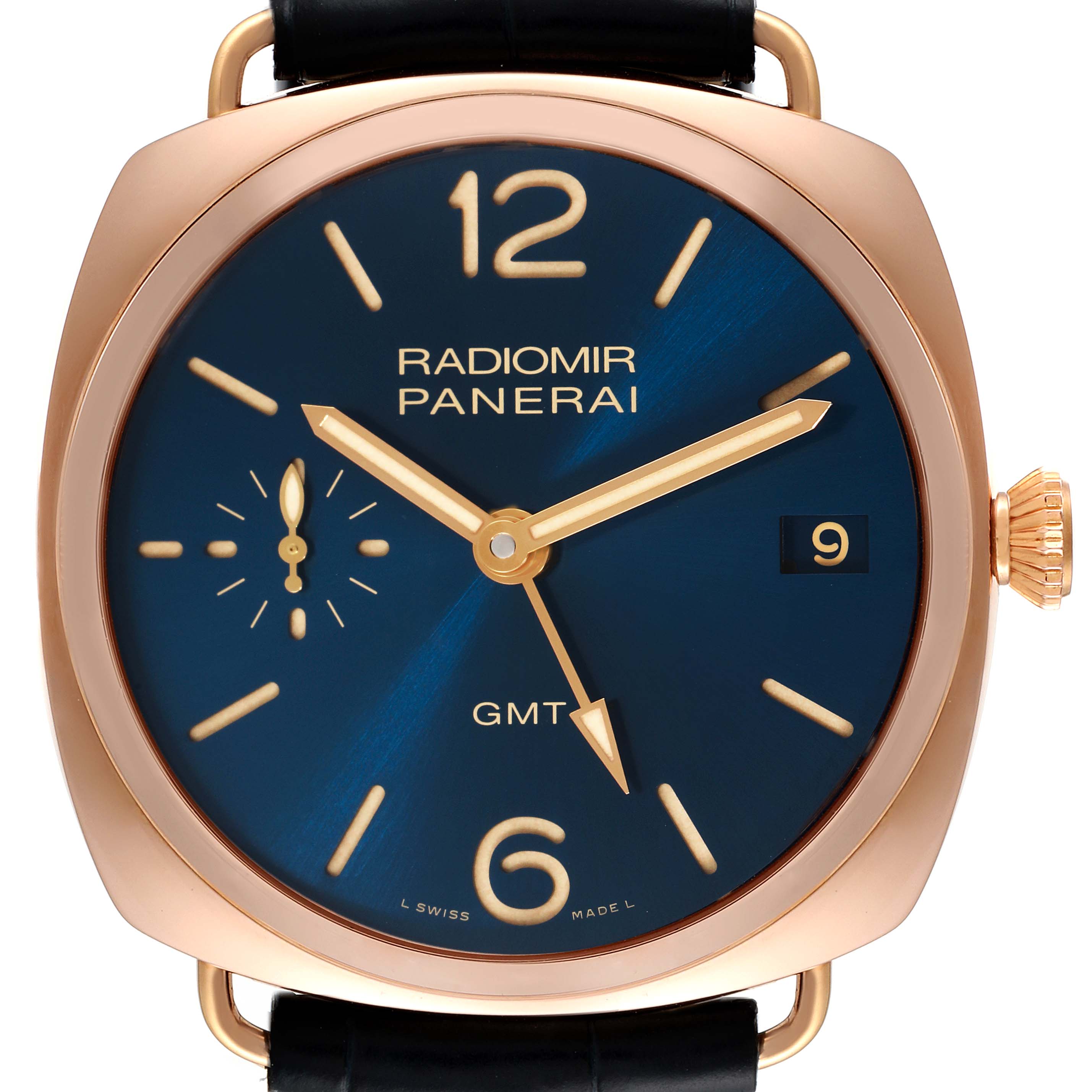 The watch shown is a Panerai Radiomir PAM00598 Men's Rose Gold Blue Dial PAM00598 Men's Rose Gold Blue Dial model, captured from a front angle, showcasing its dial, hands, crown, and strap attachment.