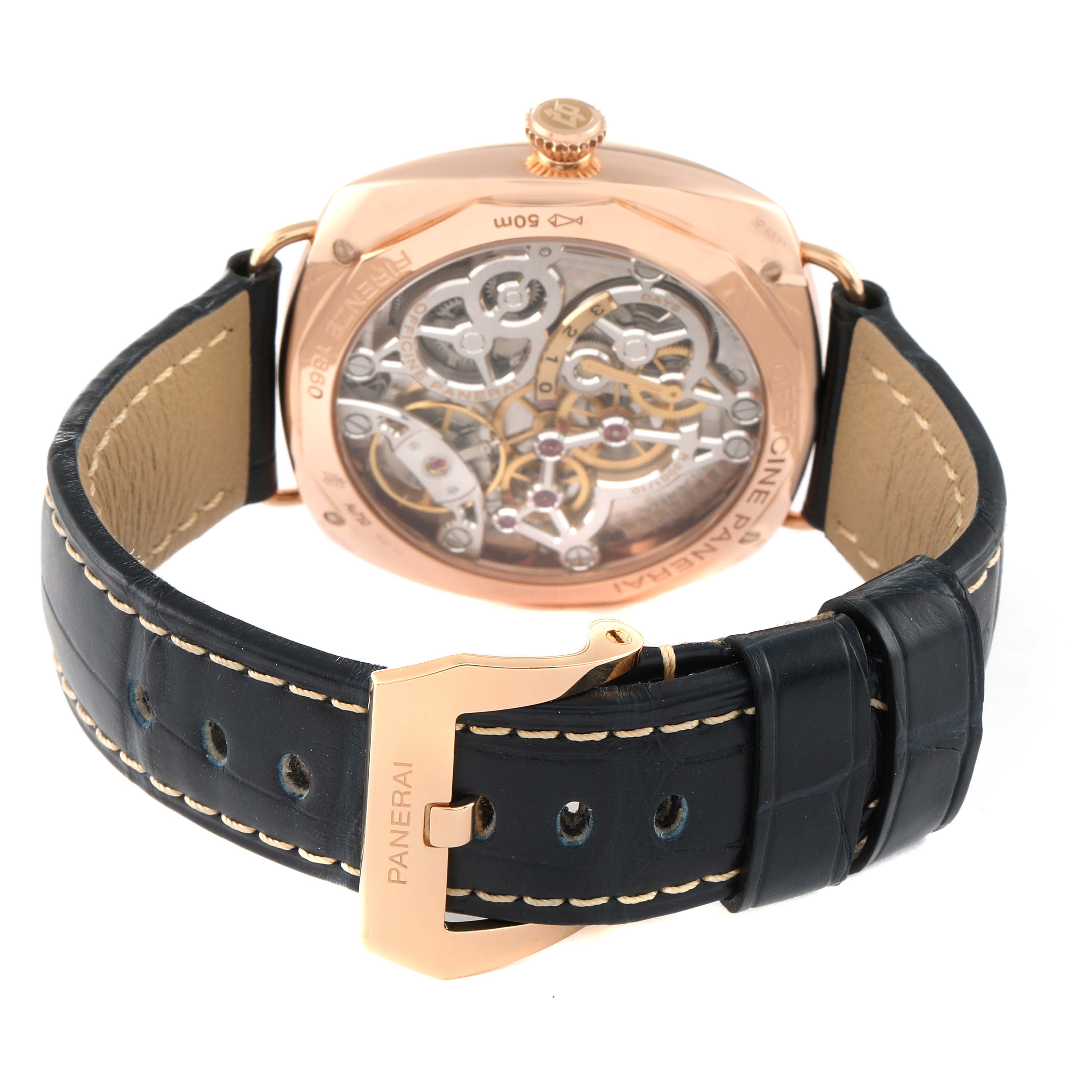 The image shows the back view of a Panerai Radiomir PAM00598 Men's Rose Gold Blue Dial PAM00598 Men's Rose Gold Blue Dial watch and its black leather strap with a gold buckle.