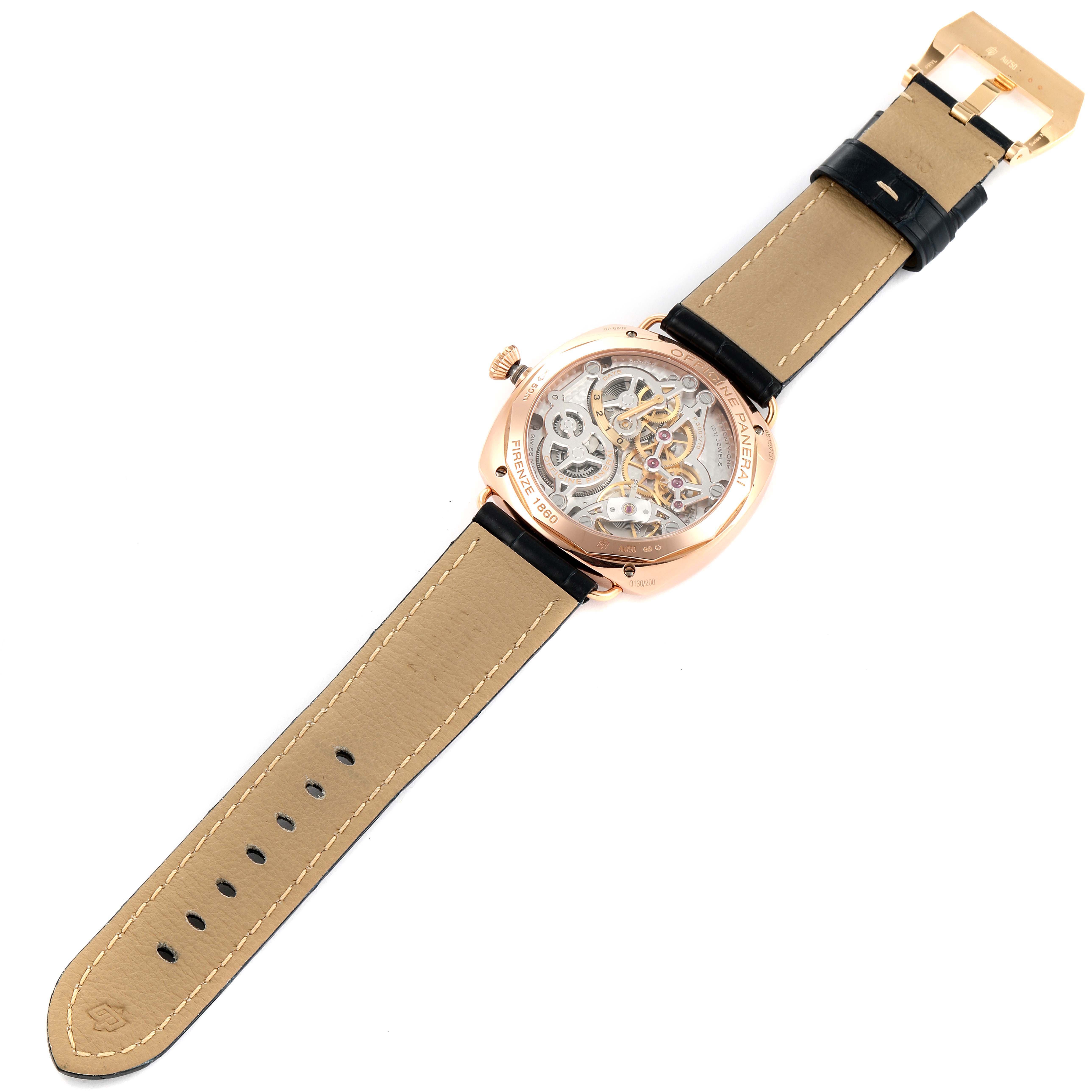 The image shows the backside of a Panerai Radiomir PAM00598 Men's Rose Gold Blue Dial PAM00598 Men's Rose Gold Blue Dial watch, highlighting its transparent case back and intricate movement.