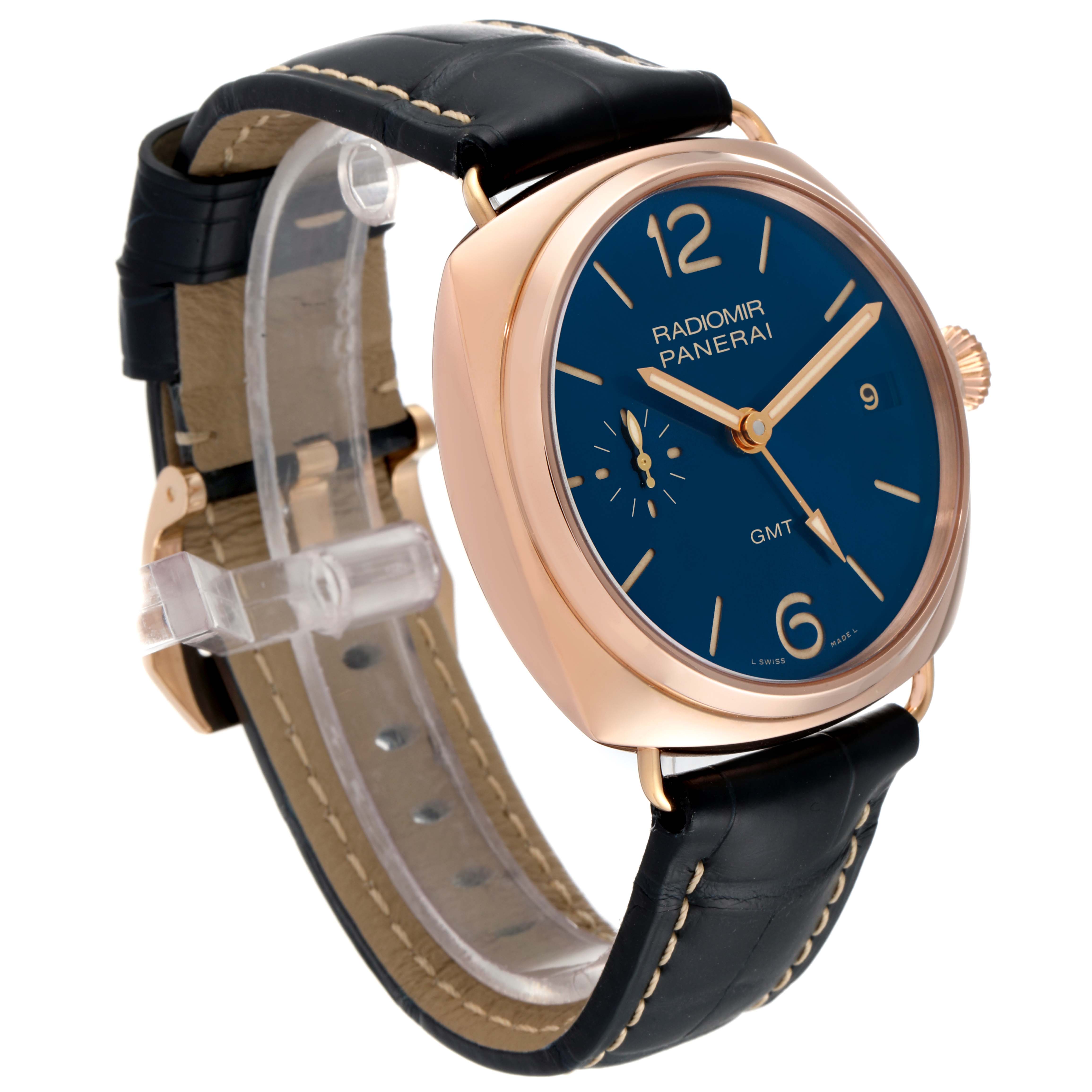 The image shows a Panerai Radiomir PAM00598 Men's Rose Gold Blue Dial PAM00598 Men's Rose Gold Blue Dial watch from an angled view, highlighting its dial, case, and leather strap.