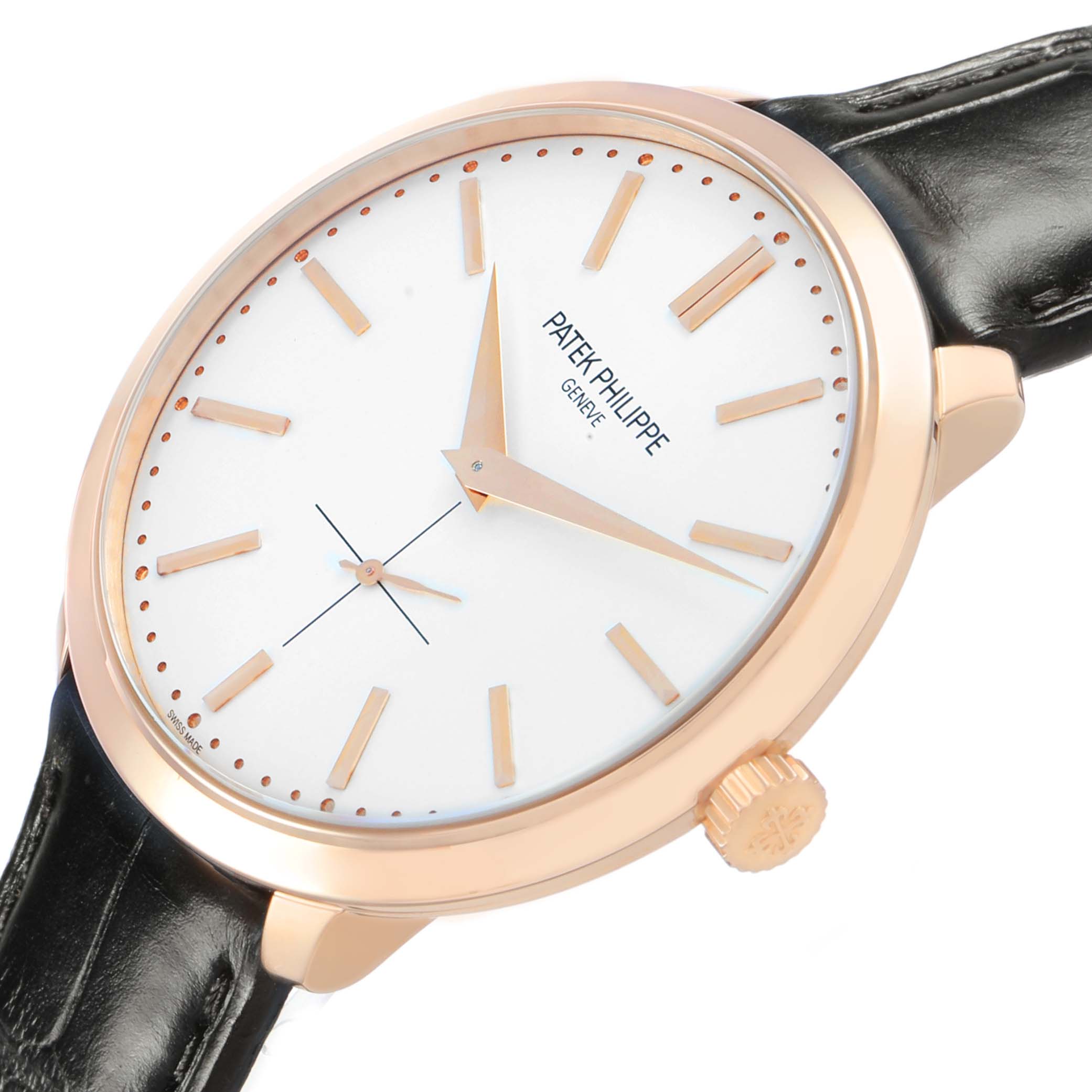 The Patek Philippe Calatrava 5123R Men's Rose Gold Silver Dial watch is shown at a slight angle highlighting the dial, hands, indices, crown, and partial strap.
