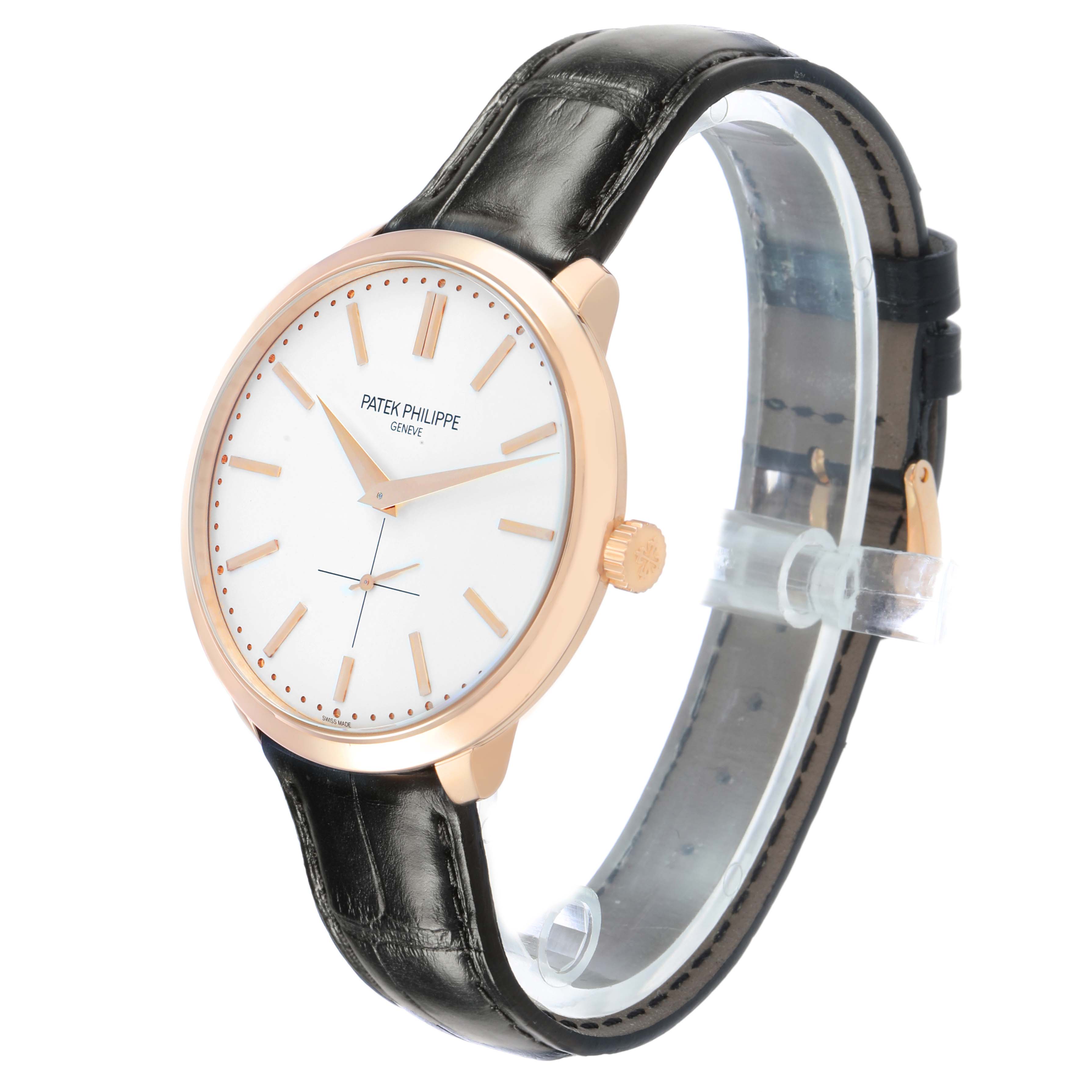 The Patek Philippe Calatrava 5123R Men's Rose Gold Silver Dial watch is shown from a side angle, displaying the face, bezel, crown, and leather strap.