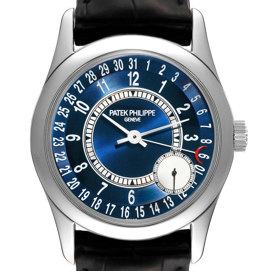 The image shows a frontal view of the Patek Philippe Calatrava watch, highlighting its blue dial, case, and crown.