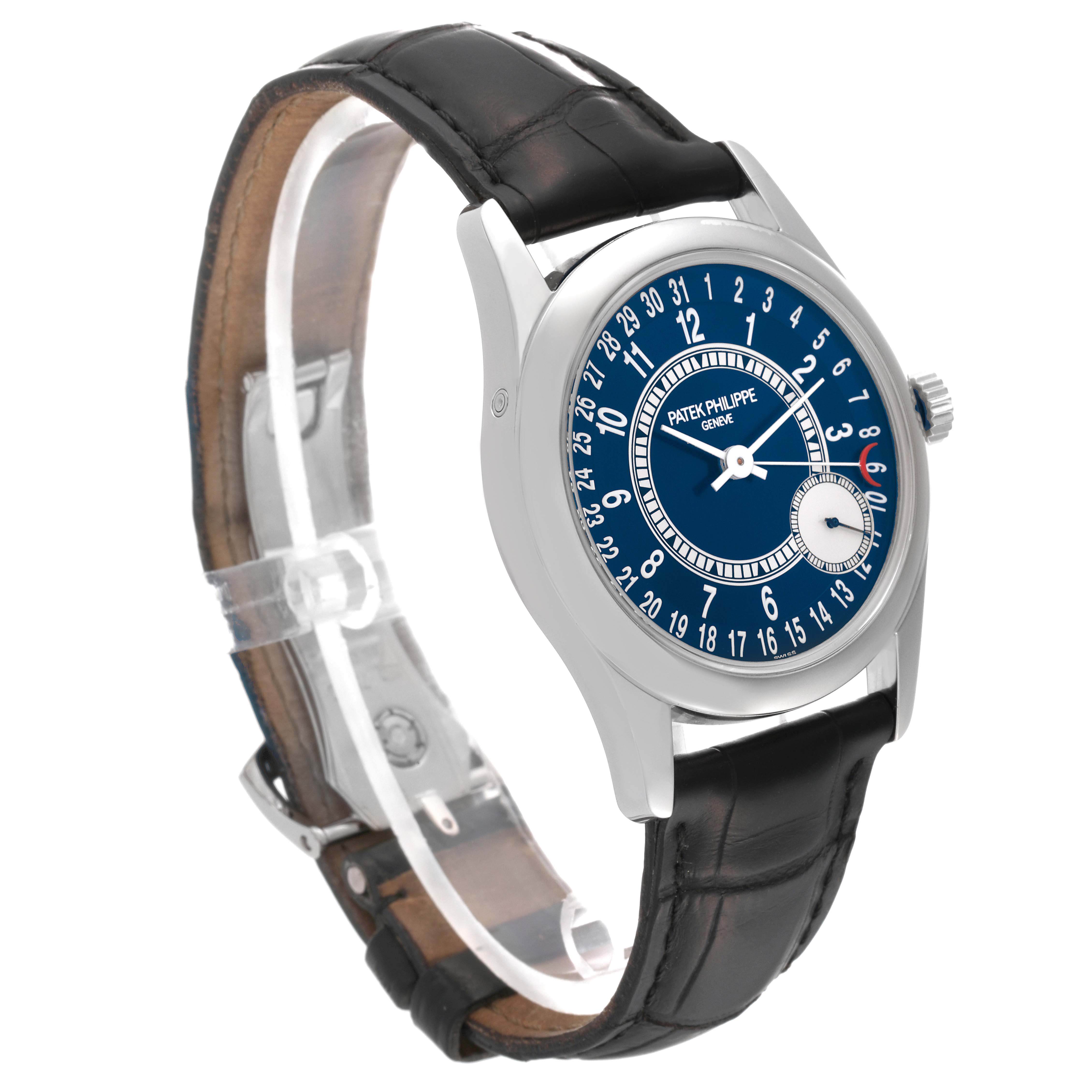The image shows a Patek Philippe Calatrava 6000G-012 Men's White Gold Blue Dial 6000G-012 Men's White Gold Blue Dial model watch at a three-quarter angle with a blue dial and black leather strap.