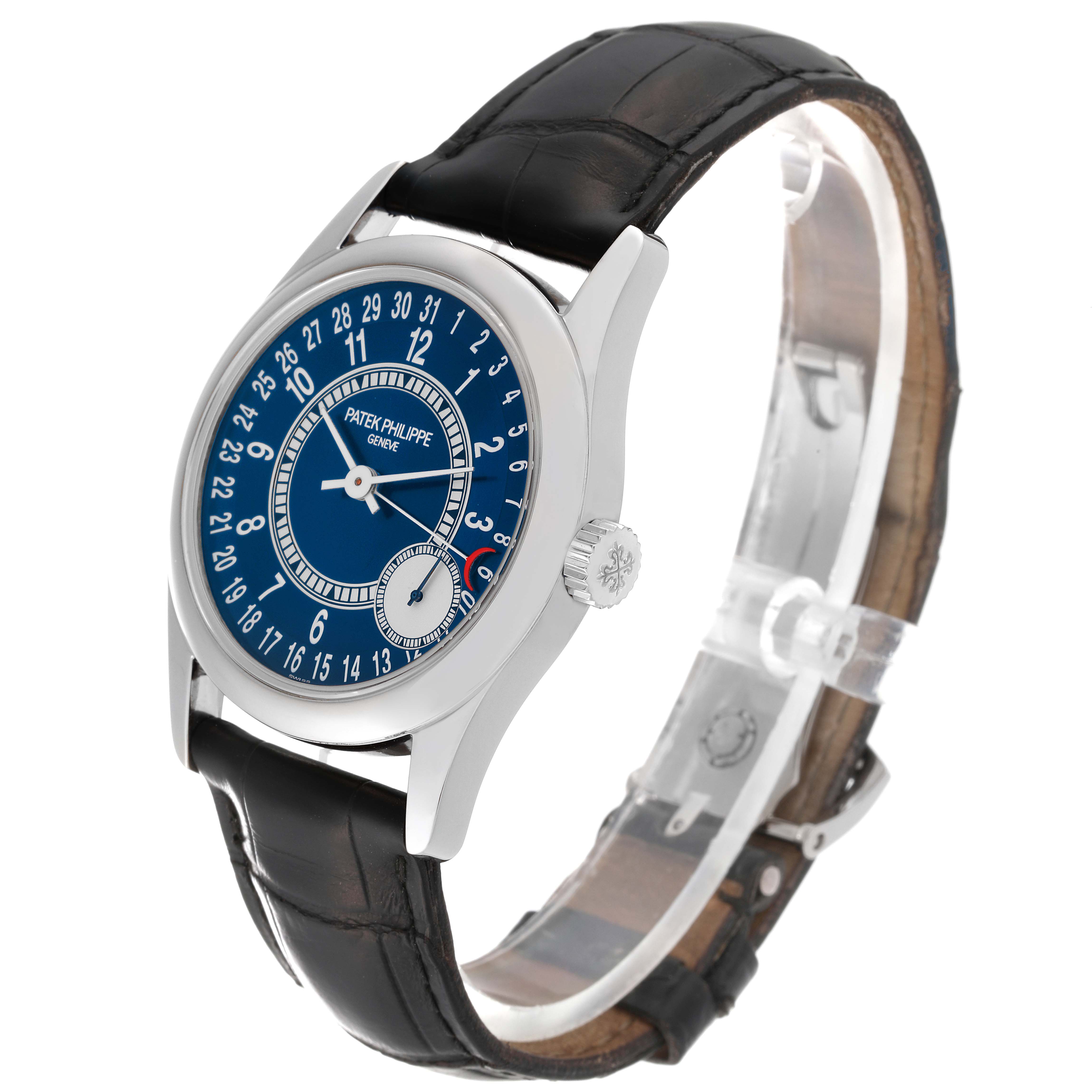 The image shows a Patek Philippe Calatrava 6000G-012 Men's White Gold Blue Dial 6000G-012 Men's White Gold Blue Dial watch at a slight angle, highlighting the face, crown, and leather strap.