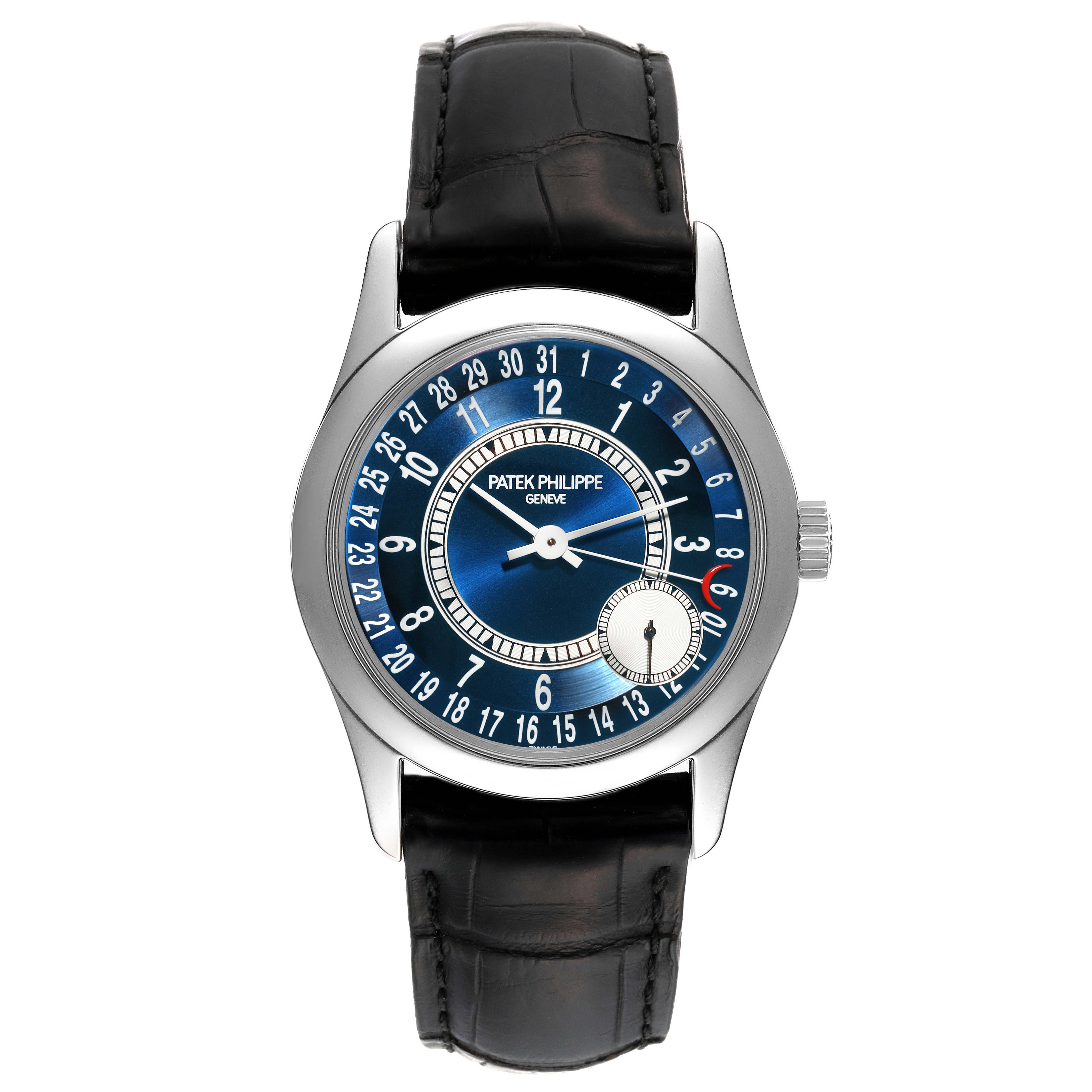 This image shows a front view of a Patek Philippe Calatrava 6000G-012 Men's White Gold Blue Dial 6000G-012 Men's White Gold Blue Dial watch, highlighting the dial, hands, and leather strap.