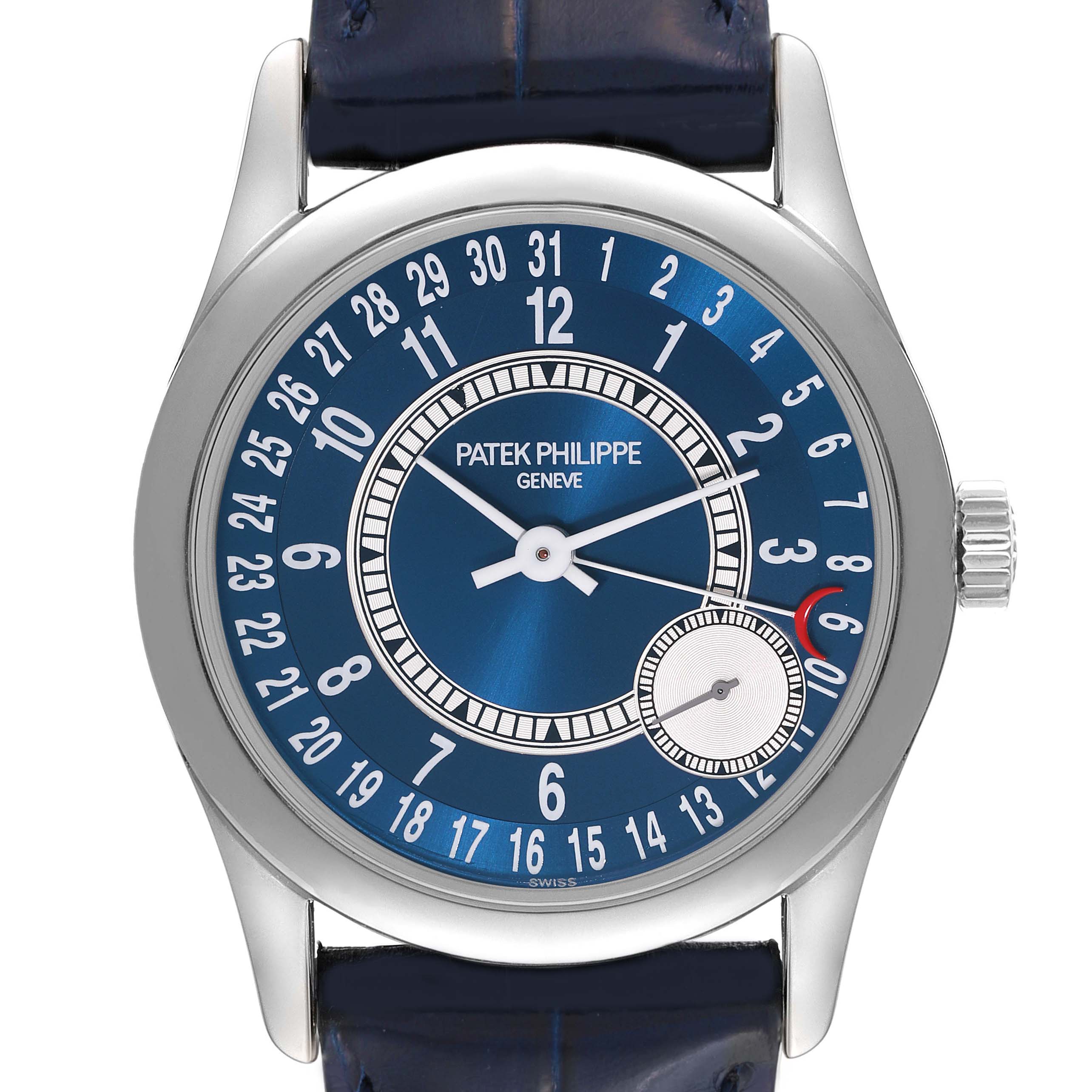 This image shows a straight-on view of the Patek Philippe Calatrava 6000G-012 Men's White Gold Blue Dial 6000G-012 Men's White Gold Blue Dial watch face, highlighting its blue dial and detailed numerals.