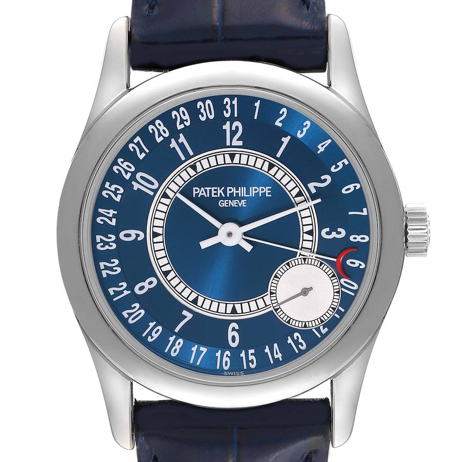 This image shows a straight-on view of the Patek Philippe Calatrava watch face, highlighting its blue dial and detailed numerals.