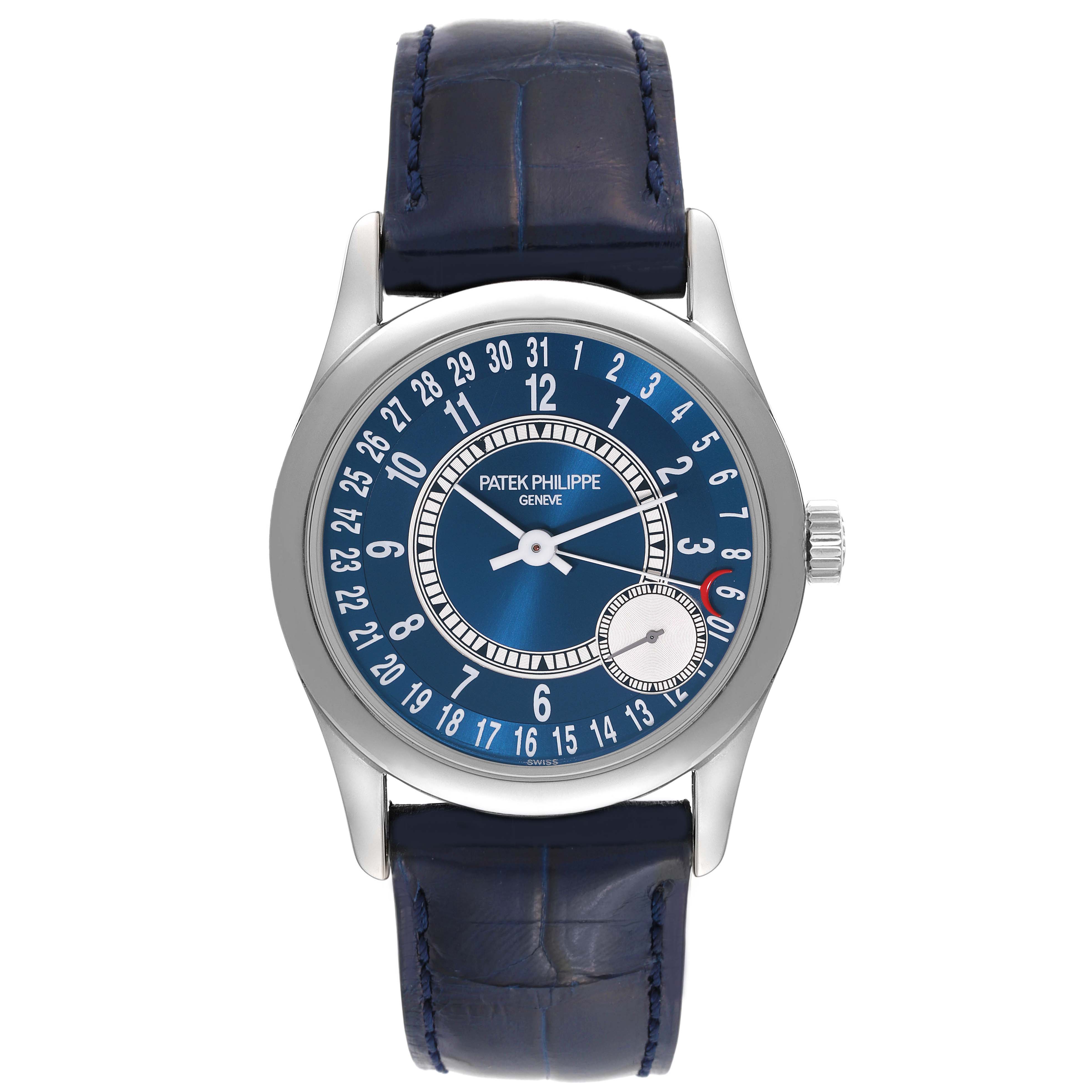 This Patek Philippe Calatrava 6000G-012 Men's White Gold Blue Dial 6000G-012 Men's White Gold Blue Dial watch is shown from a front angle, displaying the dial, bezel, and leather strap.