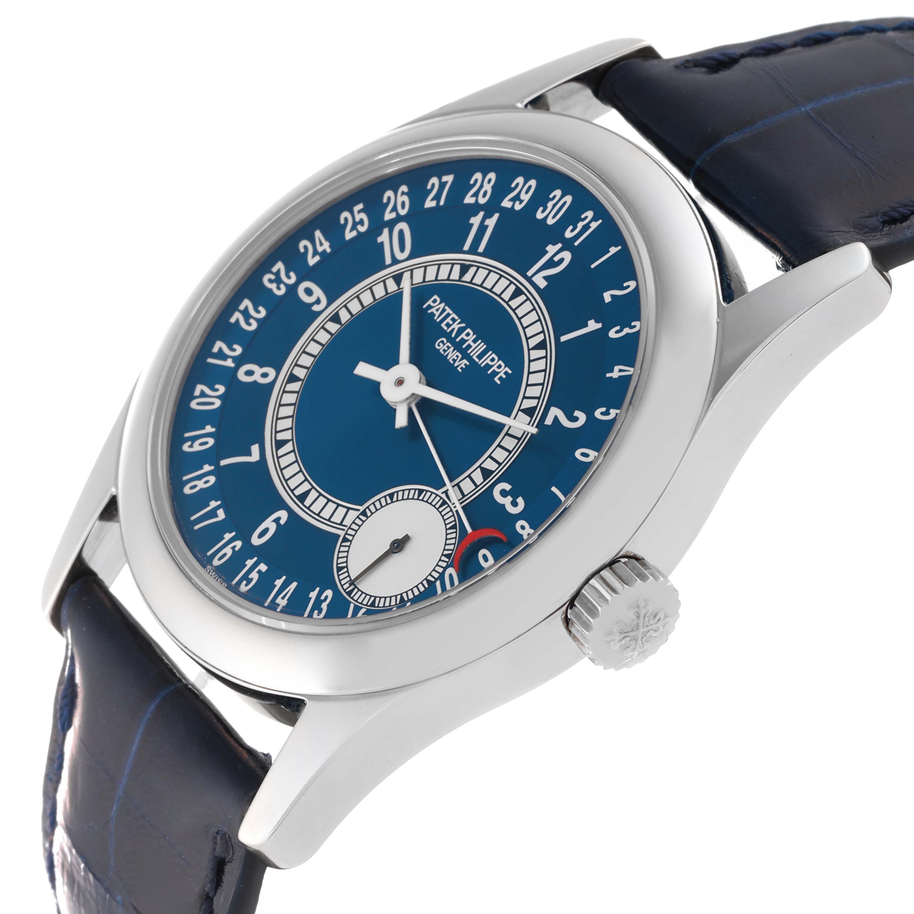 The image shows a side angle of the Patek Philippe Calatrava 6000G-012 Men's White Gold Blue Dial 6000G-012 Men's White Gold Blue Dial watch, highlighting its dial, crown, and leather strap.