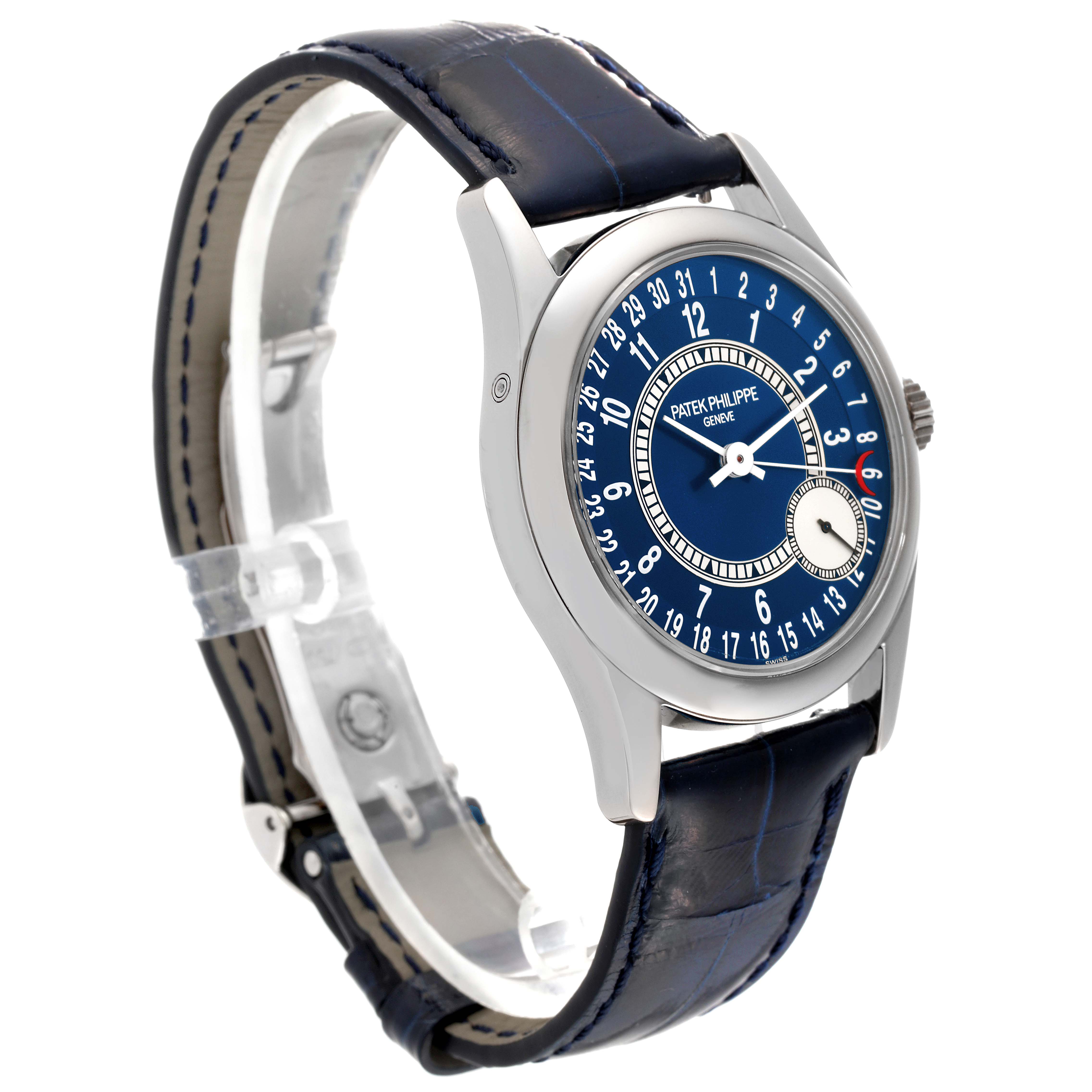 The image shows the Patek Philippe Calatrava 6000G-012 Men's White Gold Blue Dial 6000G-012 Men's White Gold Blue Dial watch at a three-quarter angle, displaying the dial, case, and strap.