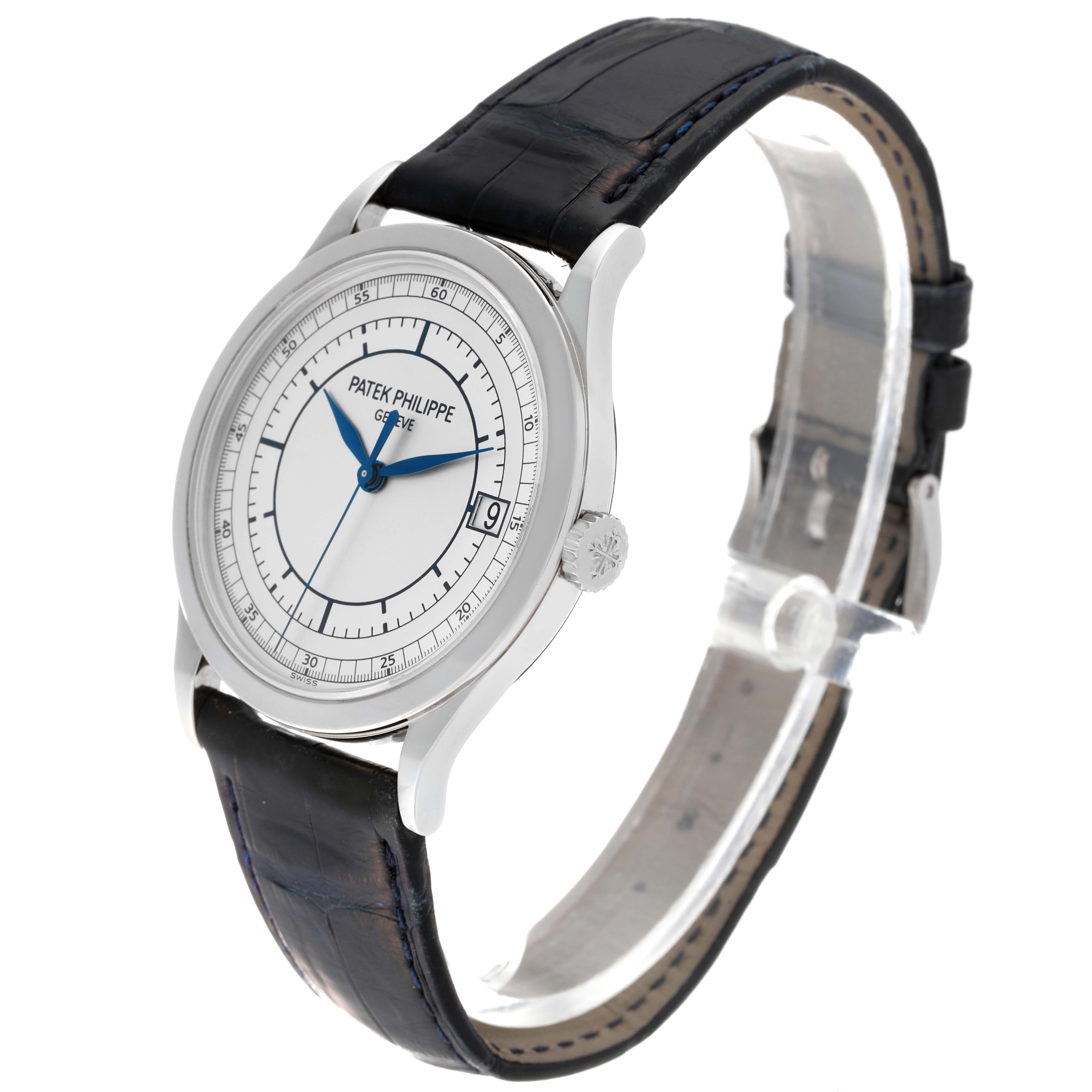 The image shows a Patek Philippe Calatrava 5296G-001 Men's White Gold Silver Dial 5296G-001 Men's White Gold Silver Dial watch at an angled side view, highlighting the dial, hands, strap, and crown.