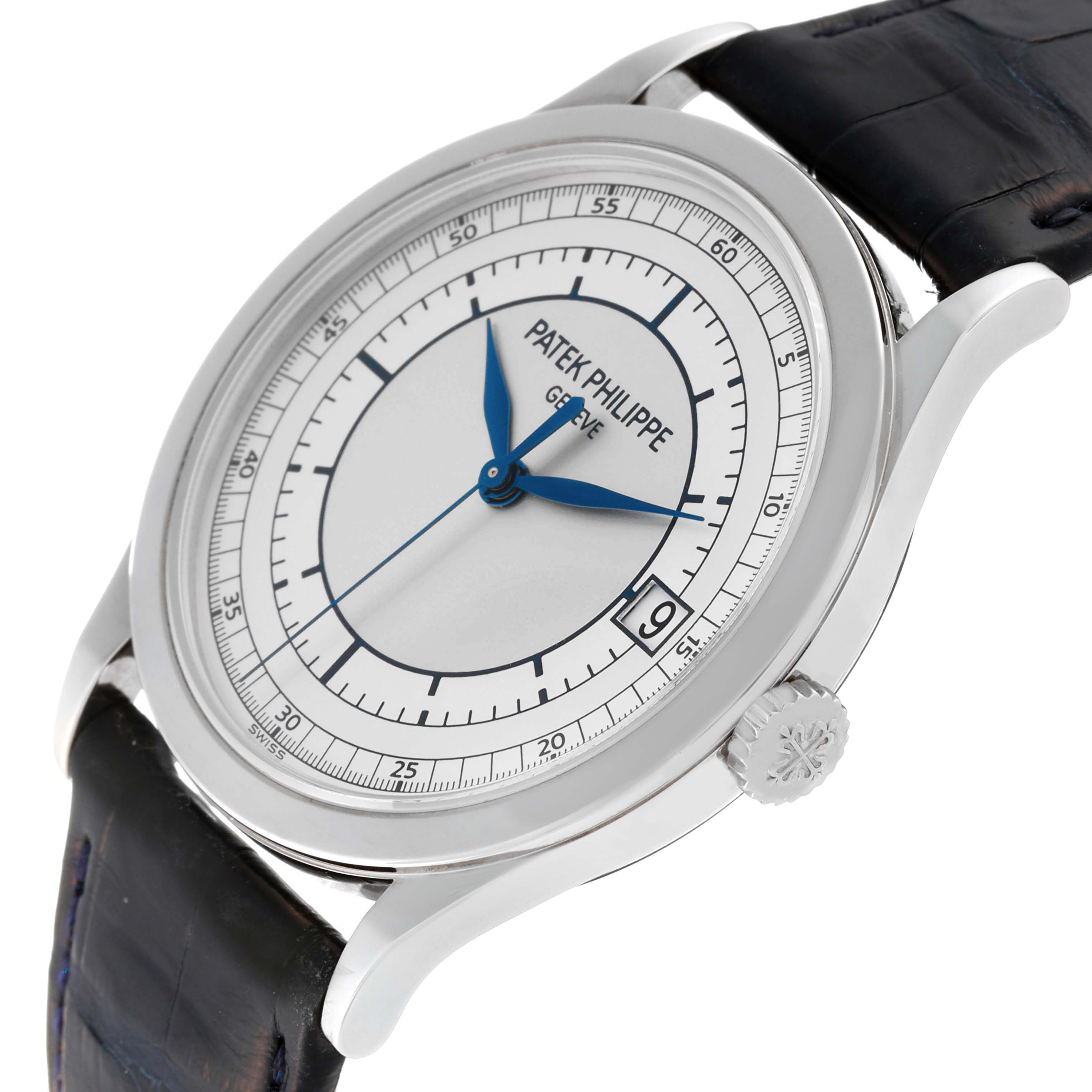 This image shows a side view angle of the Patek Philippe Calatrava 5296G-001 Men's White Gold Silver Dial 5296G-001 Men's White Gold Silver Dial watch, highlighting its face, bezel, crown, and leather strap.