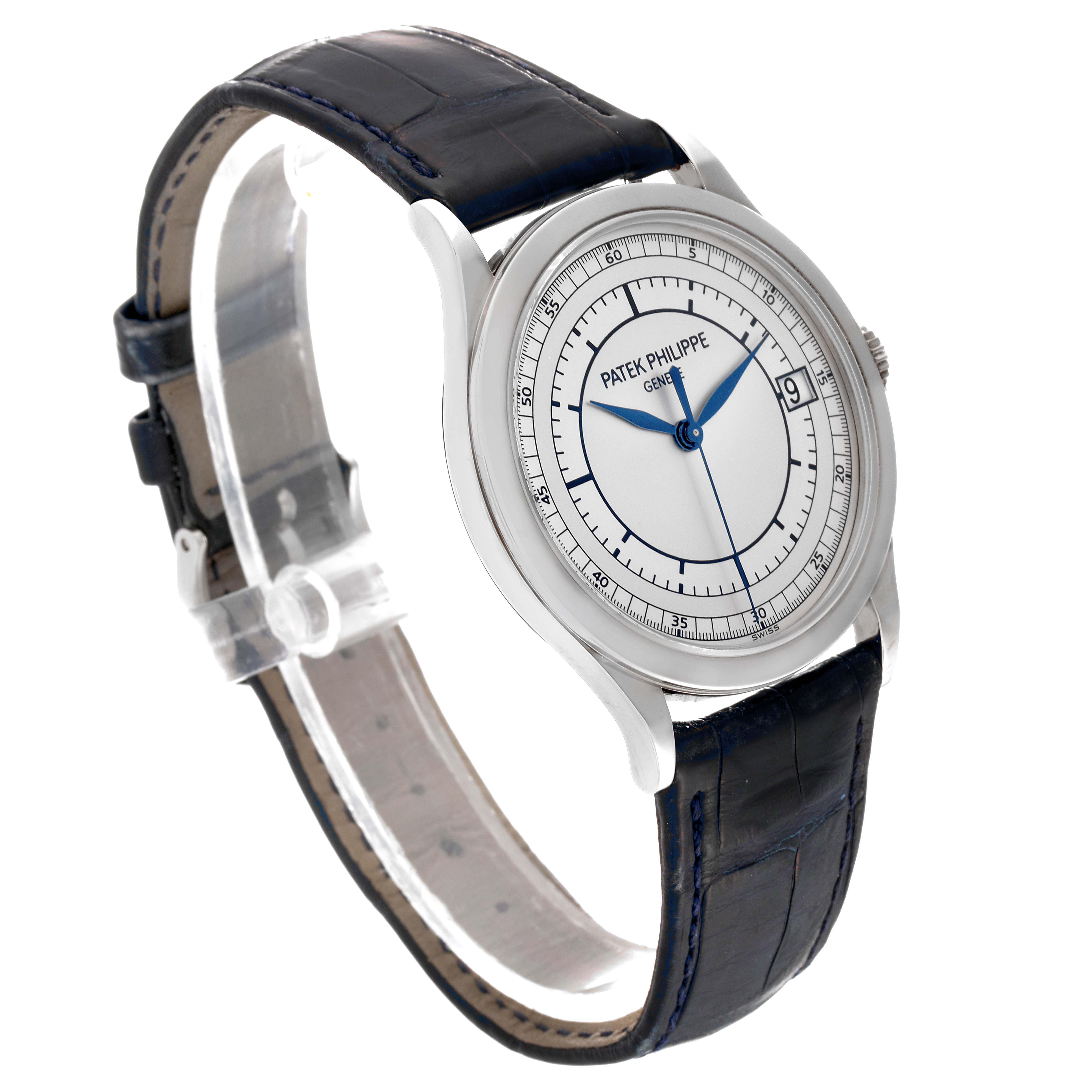 The image shows a Patek Philippe Calatrava 5296G-001 Men's White Gold Silver Dial 5296G-001 Men's White Gold Silver Dial watch at a 45-degree angle, highlighting the face, case, and strap.