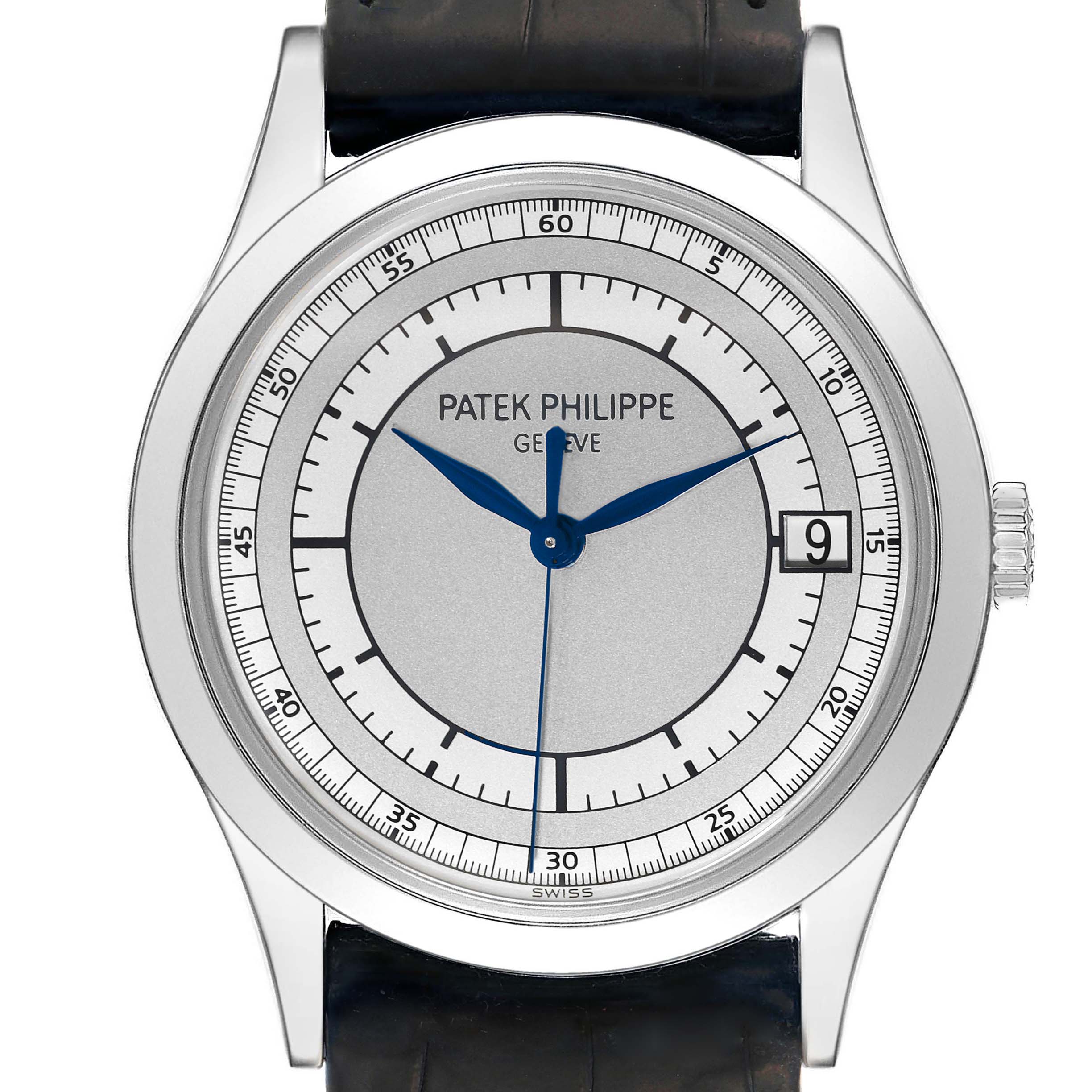 This image shows a front view of the Patek Philippe Calatrava 5296G-001 Men's White Gold Silver Dial 5296G-001 Men's White Gold Silver Dial watch, highlighting the dial, hands, and date display.