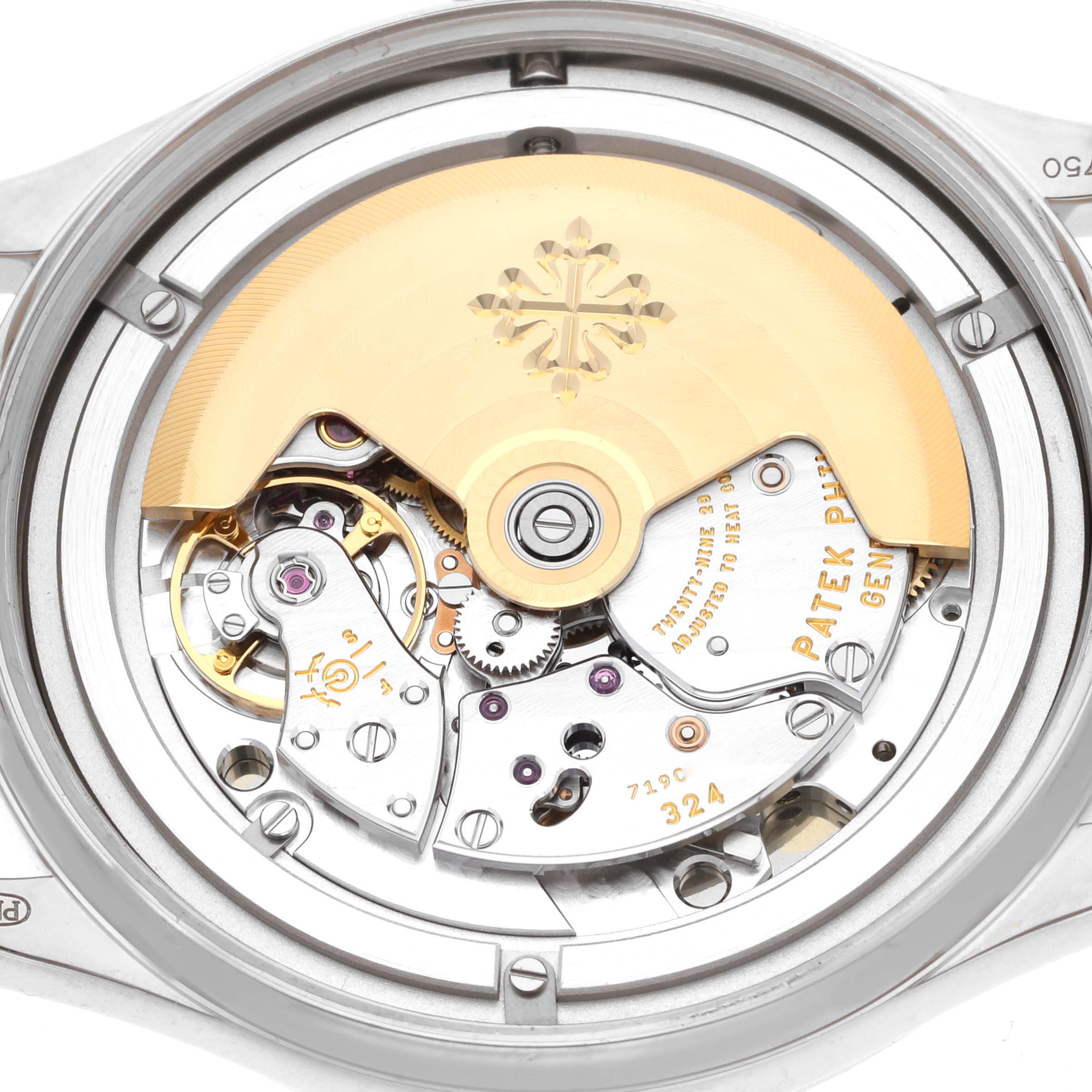 This image shows the movement mechanism of a Patek Philippe Calatrava 5296G-001 Men's White Gold Silver Dial 5296G-001 Men's White Gold Silver Dial watch from the back.