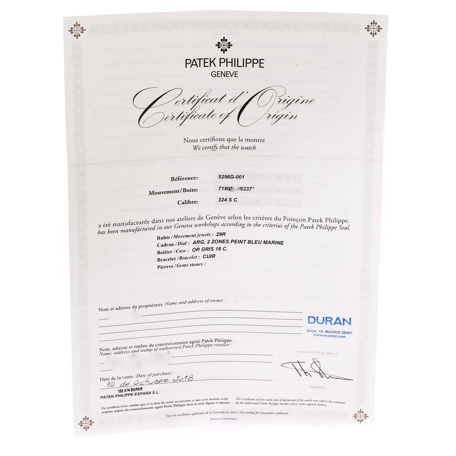 This image shows the Certificate of Origin for a Patek Philippe Calatrava 5296G-001 Men's White Gold Silver Dial 5296G-001 Men's White Gold Silver Dial model watch from a front angle.