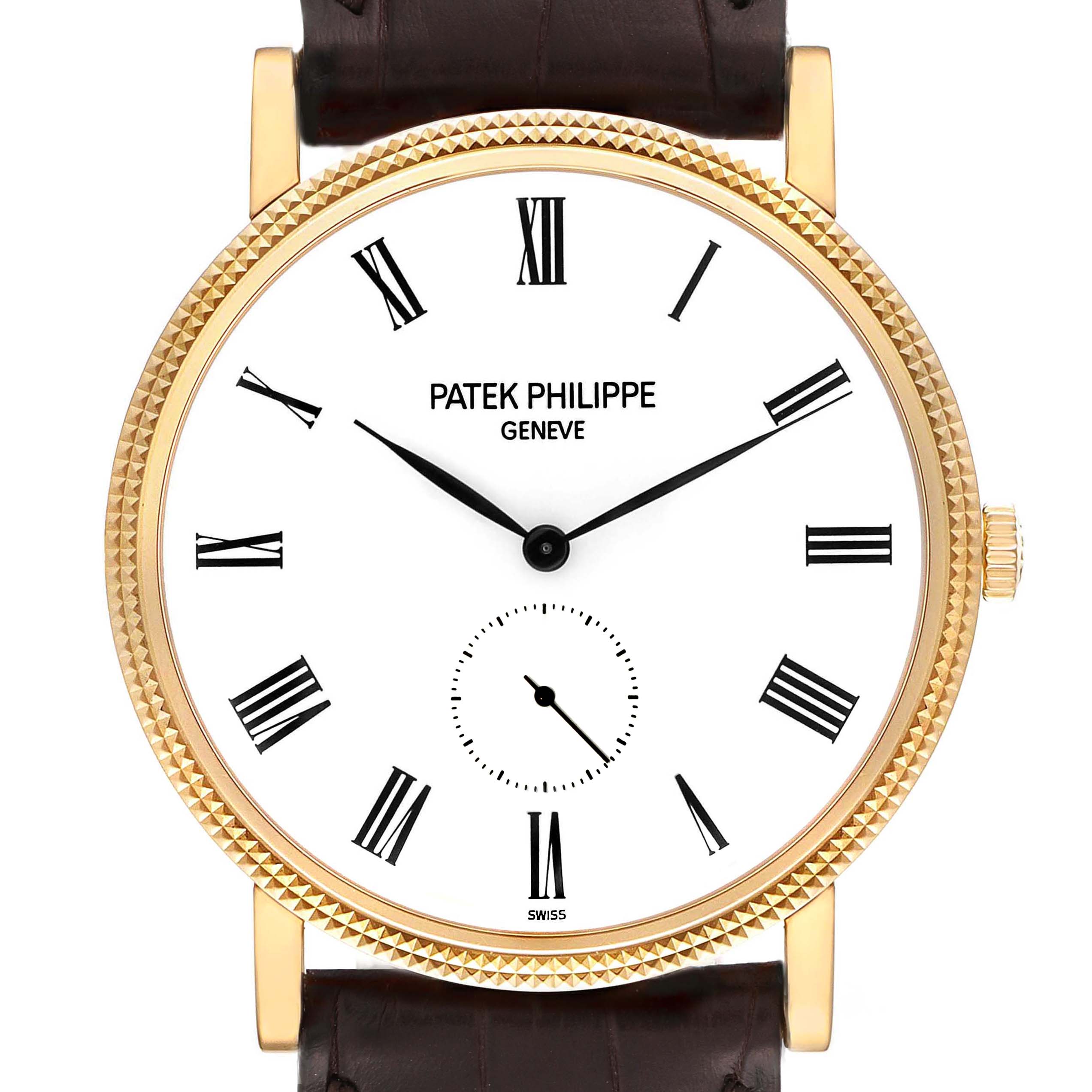 The image shows a front view of a Patek Philippe Calatrava 5119J Men's Yellow Gold White Dial 5119J Men's Yellow Gold White Dial watch with Roman numerals, minute indicators, and a brown leather strap.