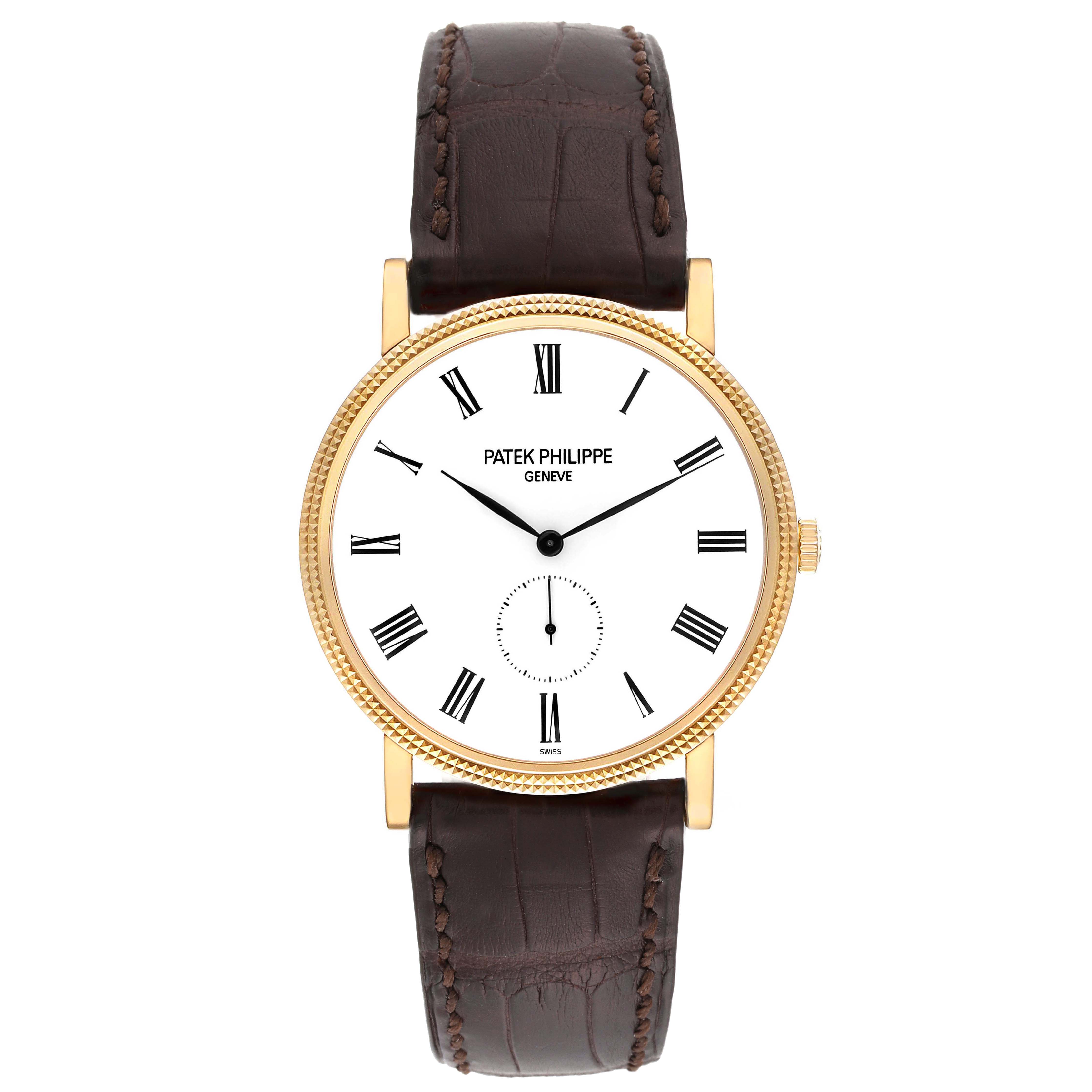 This image shows a Patek Philippe Calatrava 5119J Men's Yellow Gold White Dial 5119J Men's Yellow Gold White Dial watch in a front view, featuring a gold case and a brown leather strap.