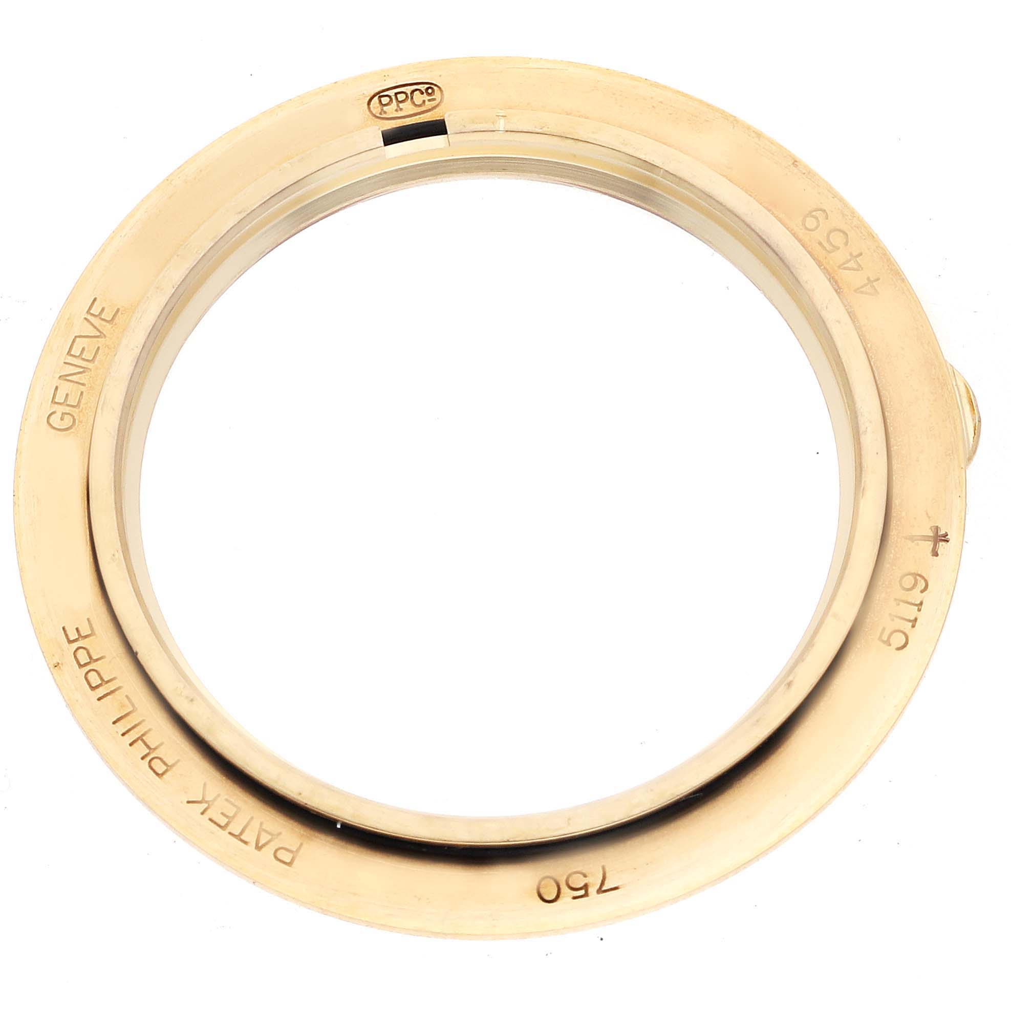 This is a frontal view of the bezel for a Patek Philippe Calatrava 5119J Men's Yellow Gold White Dial 5119J Men's Yellow Gold White Dial model watch.