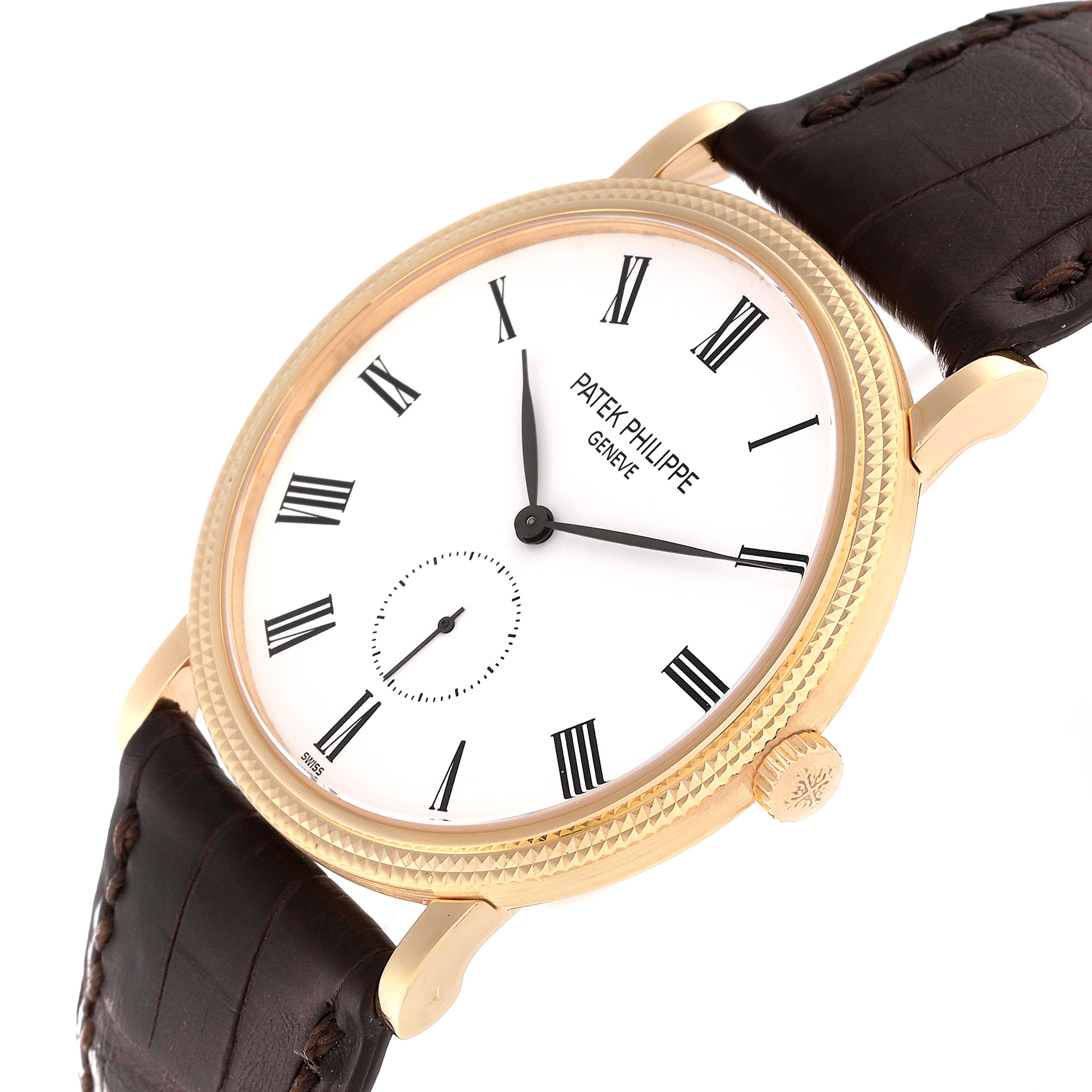 This side view of the Patek Philippe Calatrava 5119J Men's Yellow Gold White Dial 5119J Men's Yellow Gold White Dial watch shows the dial, hands, crown, and part of the leather strap.
