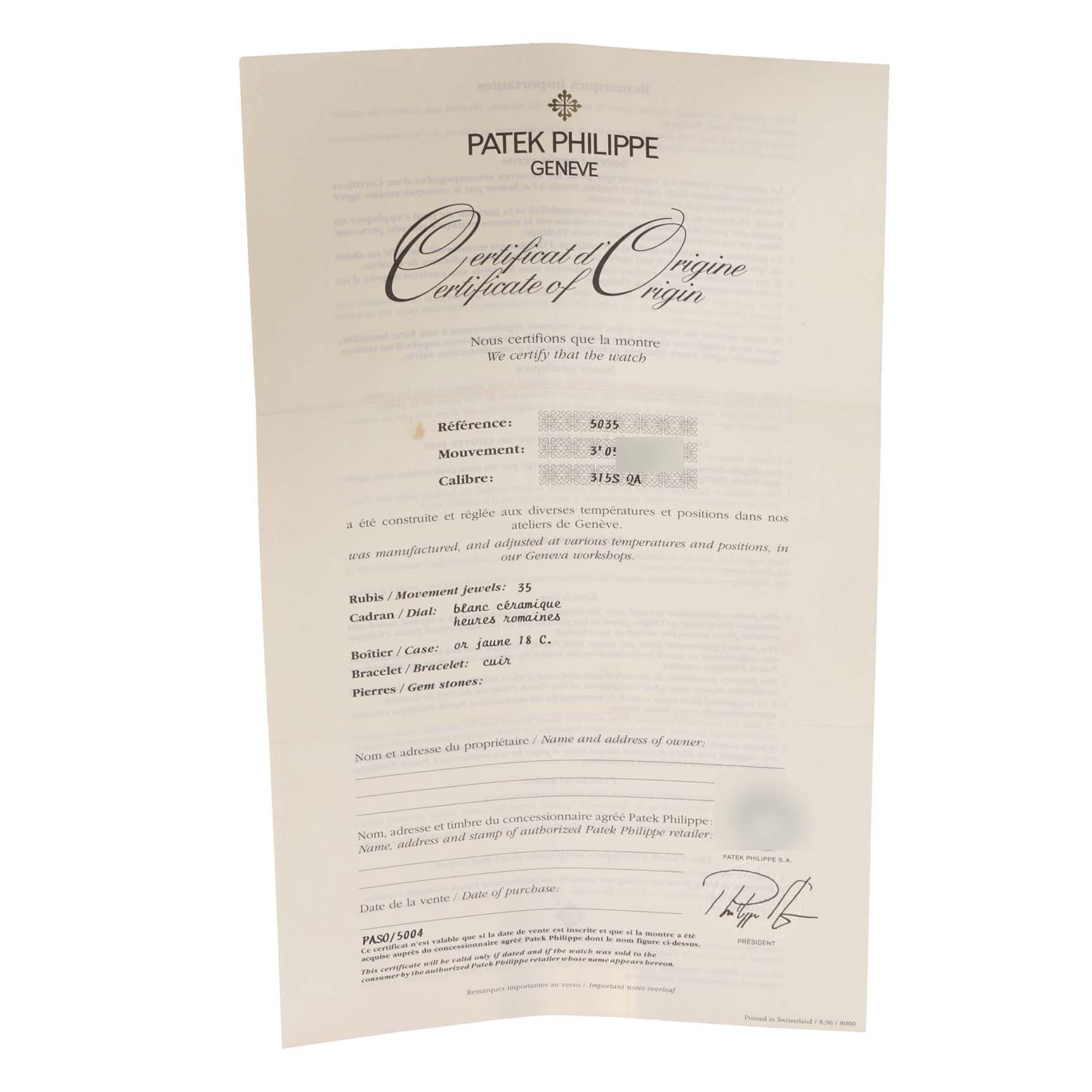 The image shows the Certificate of Origin for a Patek Philippe Complications 5035J-001 Men
s Yellow Gold Silver Dial 5035J-001 Men
s Yellow Gold Silver Dial model watch.