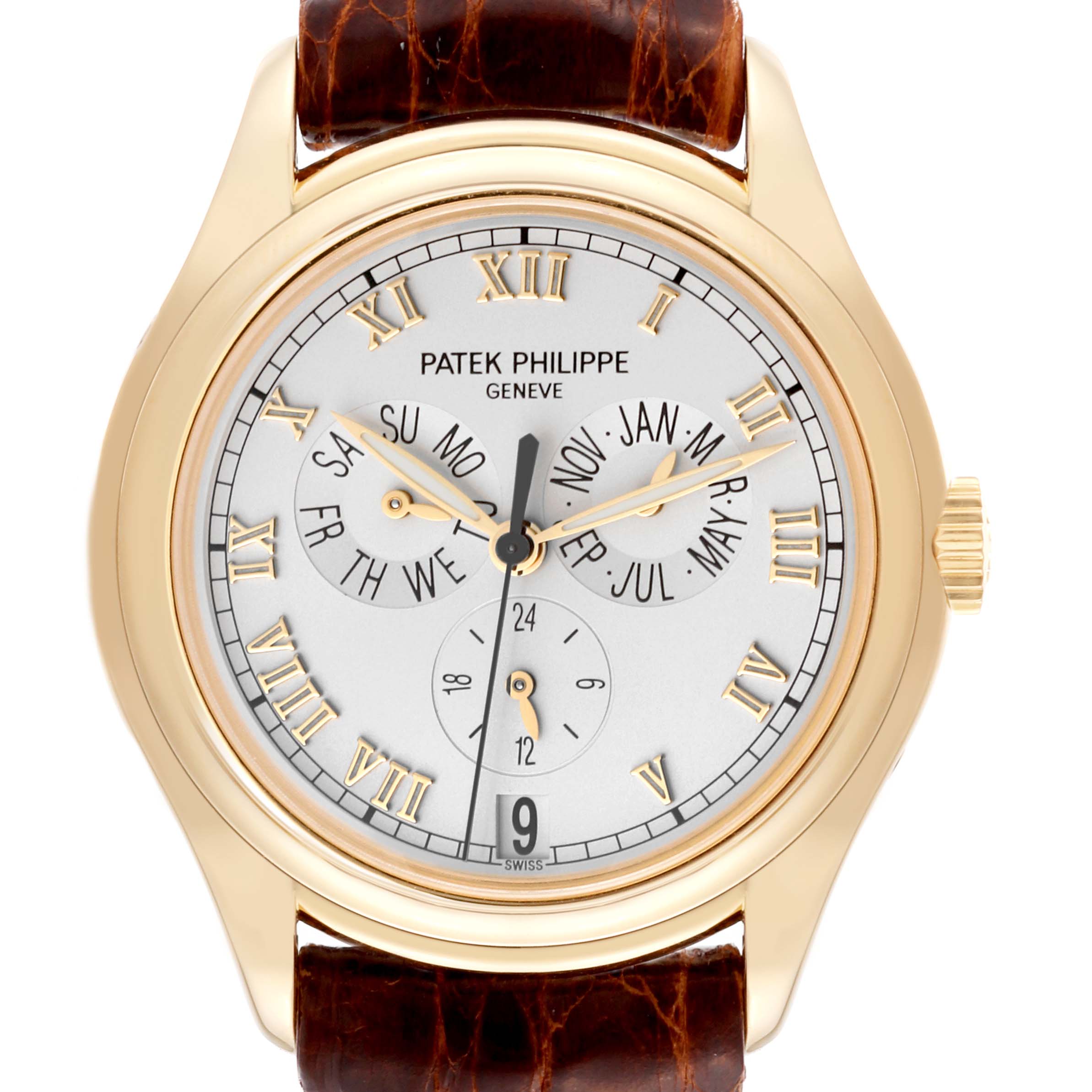 This image shows a front view of the Patek Philippe Complications 5035J-001 Men
s Yellow Gold Silver Dial 5035J-001 Men
s Yellow Gold Silver Dial model watch, highlighting its dial, Roman numerals, subdials, and crown.