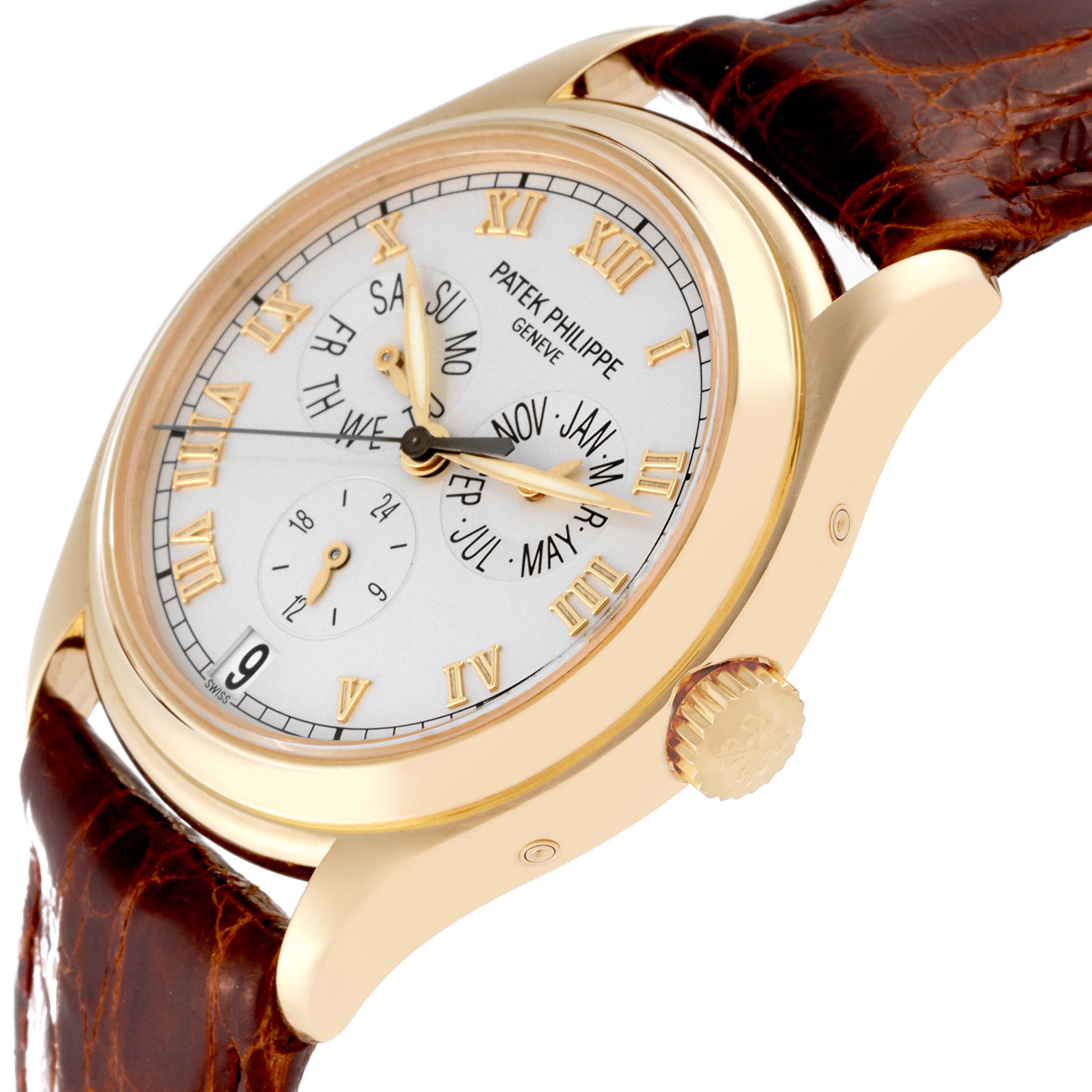 This image shows a side-angle view of the Patek Philippe Complications 5035J-001 Men
s Yellow Gold Silver Dial 5035J-001 Men
s Yellow Gold Silver Dial watch, highlighting the dial, crown, and leather strap.