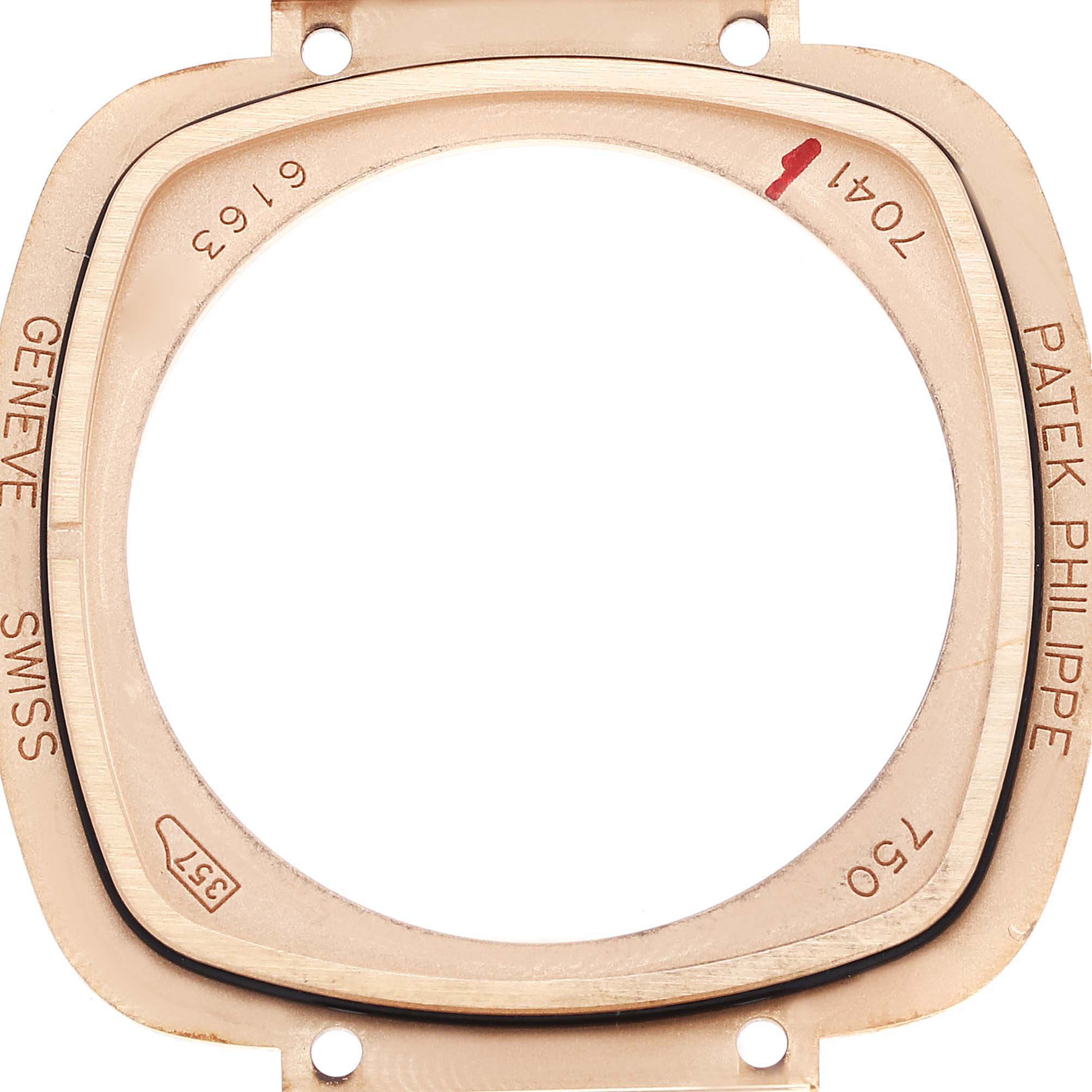 The image shows the bezel and caseback of a Patek Philippe Gondolo 7041R-001 Women
s Rose Gold Silver Dial 7041R-001 Women
s Rose Gold Silver Dial watch viewed from the front.
