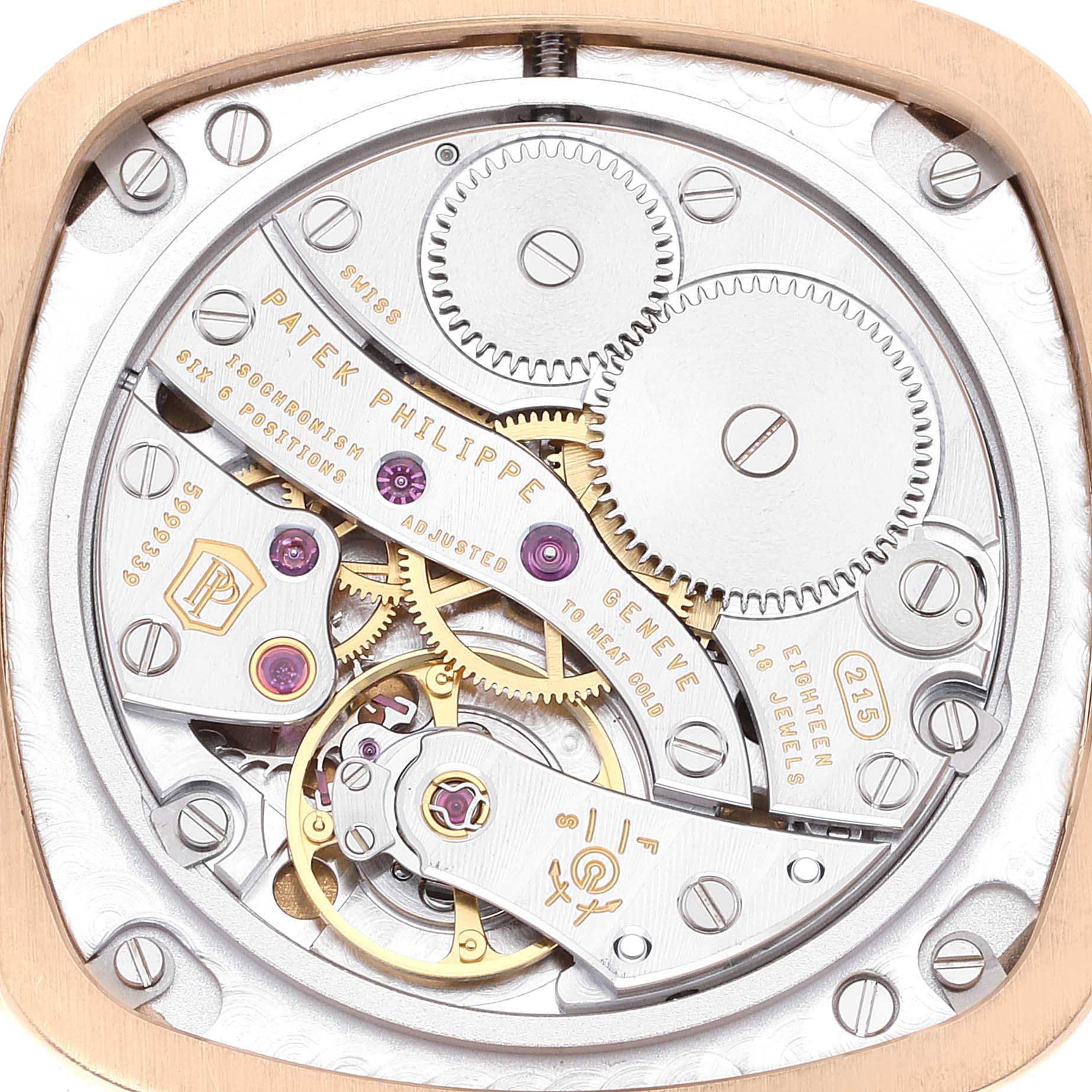 This image shows the intricate movement mechanism of the Patek Philippe Gondolo 7041R-001 Women
s Rose Gold Silver Dial 7041R-001 Women
s Rose Gold Silver Dial watch viewed from the back case side.