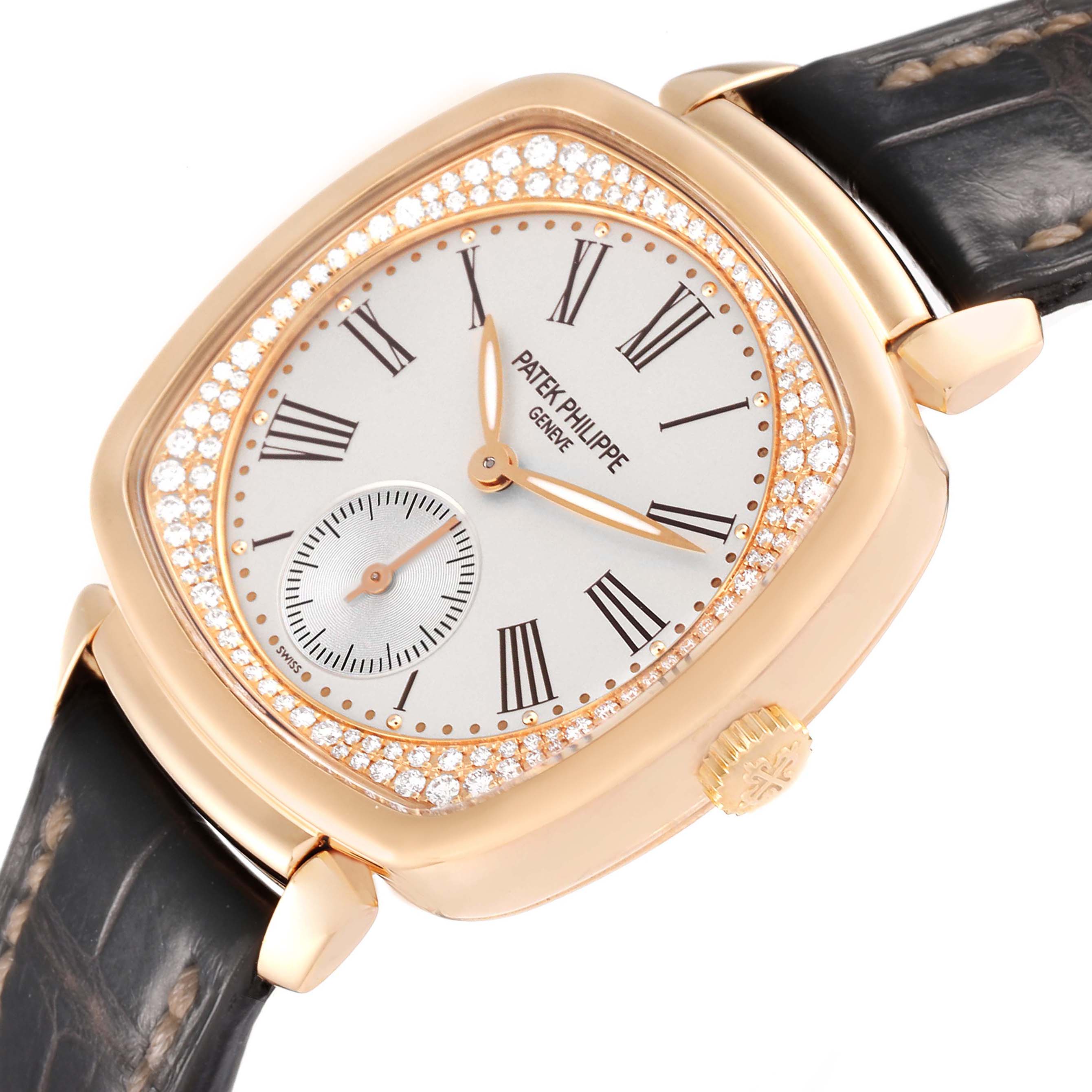 The Patek Philippe Gondolo 7041R-001 Women's Rose Gold Silver Dial watch is shown from an angled top-view, highlighting the dial, case, bezel, crown, and leather strap.