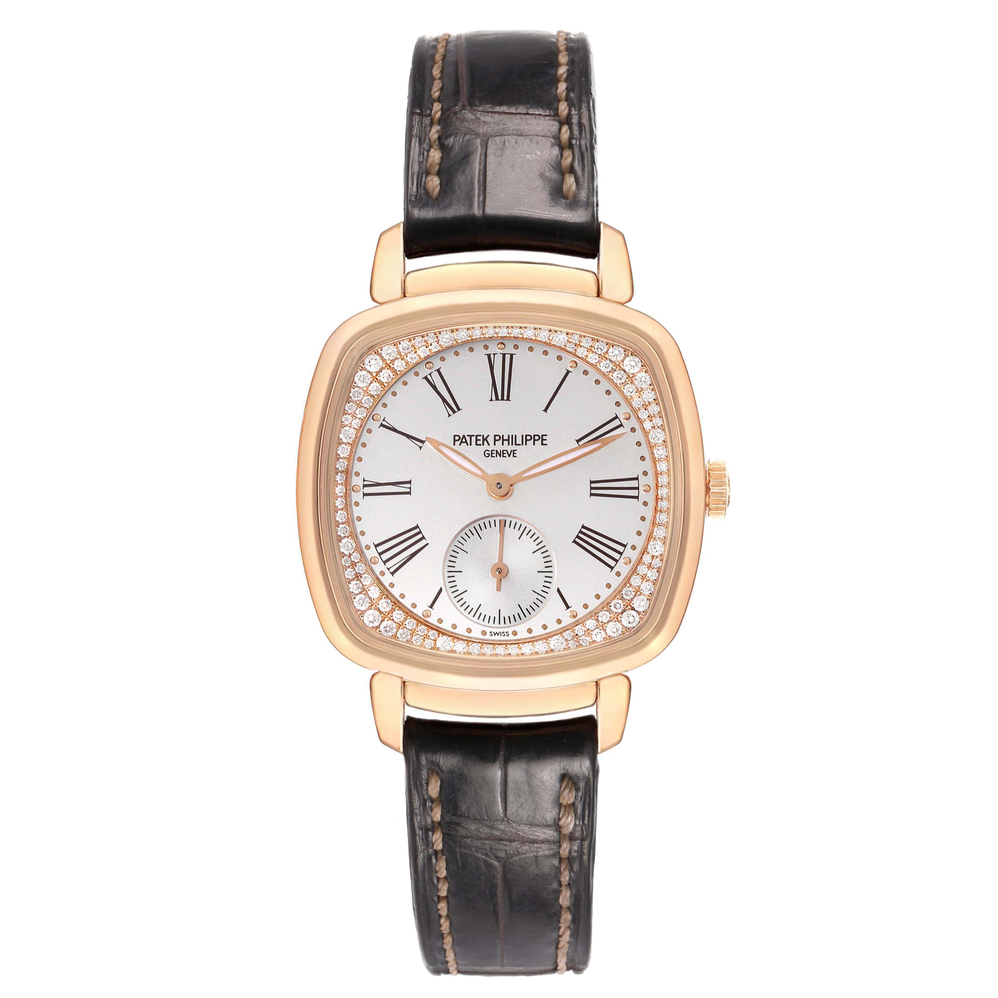 The Patek Philippe Gondolo 7041R-001 Women's Rose Gold Silver Dial watch is shown from a front angle, displaying its face, bezel, and leather strap.