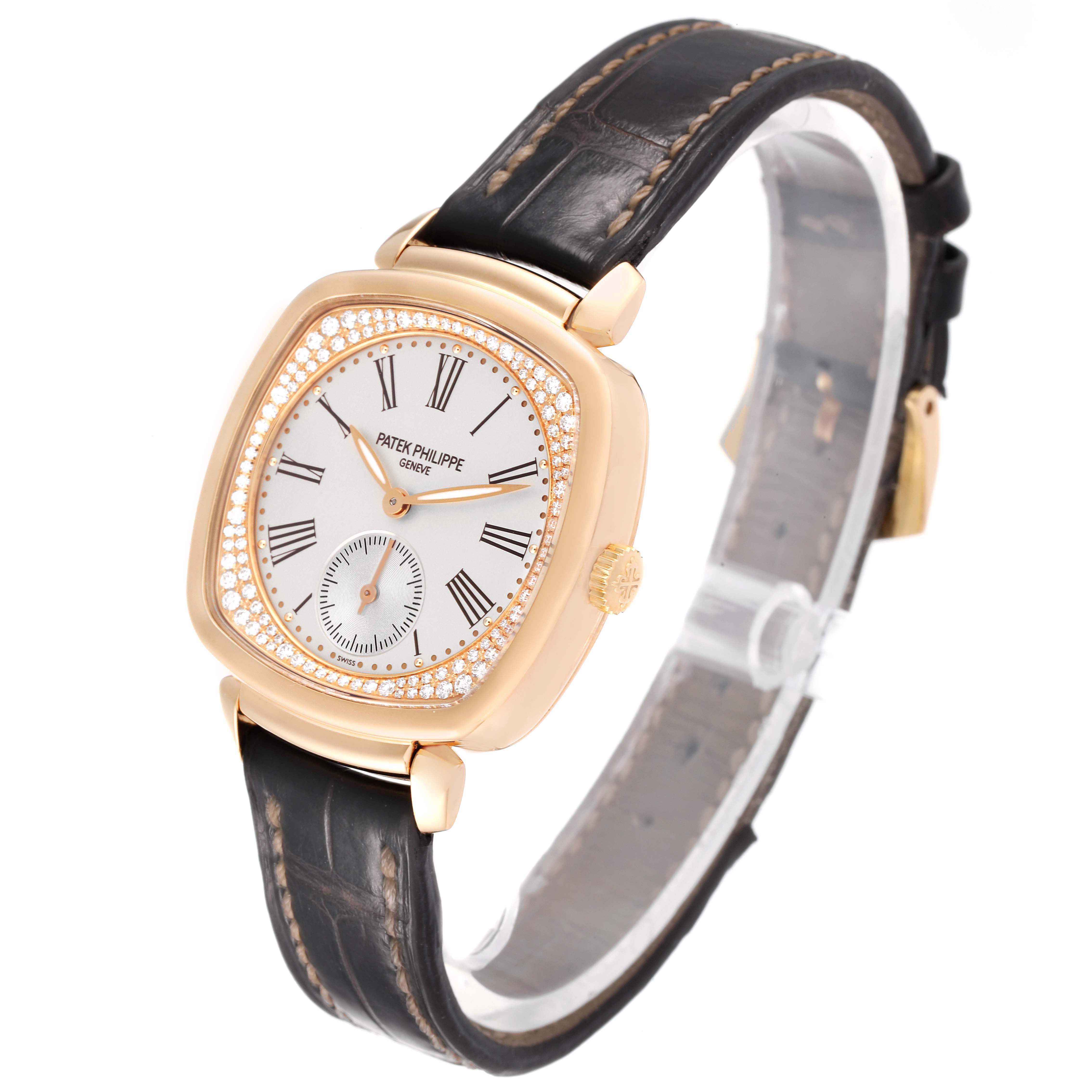 The Patek Philippe Gondolo 7041R-001 Women's Rose Gold Silver Dial watch is shown at an oblique angle, highlighting the face, case, crown, and leather strap.