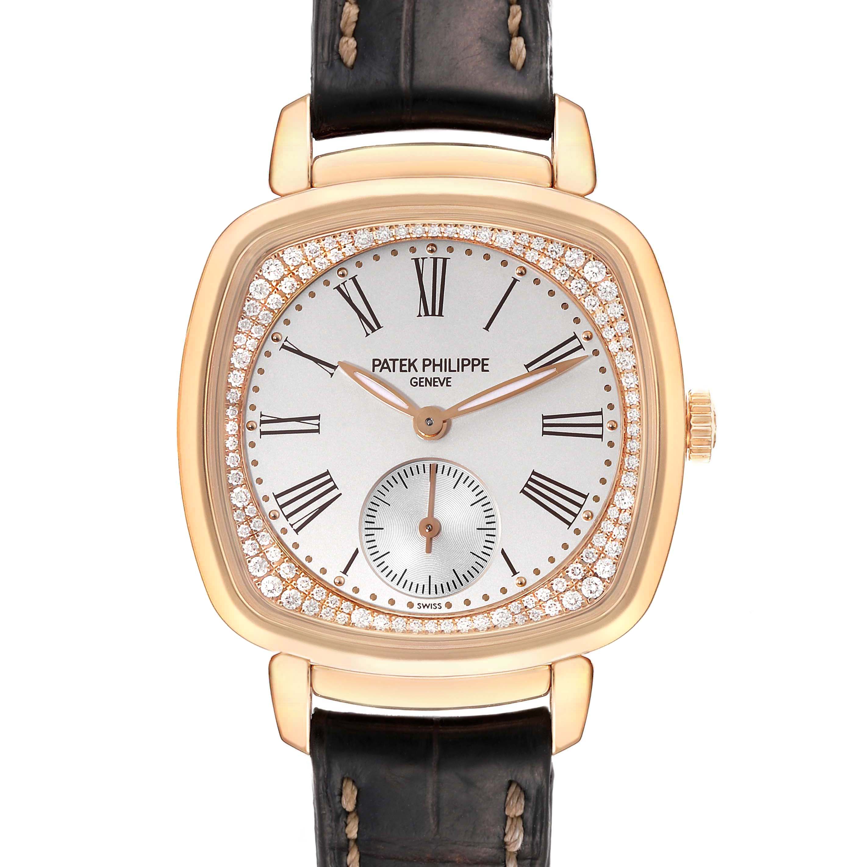 The image shows a front view of the Patek Philippe Gondolo 7041R-001 Women
s Rose Gold Silver Dial 7041R-001 Women
s Rose Gold Silver Dial watch, highlighting its dial, case, and strap.