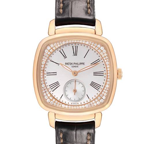 The Patek Philippe Gondolo 7041R-001 Women's Rose Gold Silver Dial watch is shown from a front angle, highlighting its rectangular case, dial, hands, and strap.