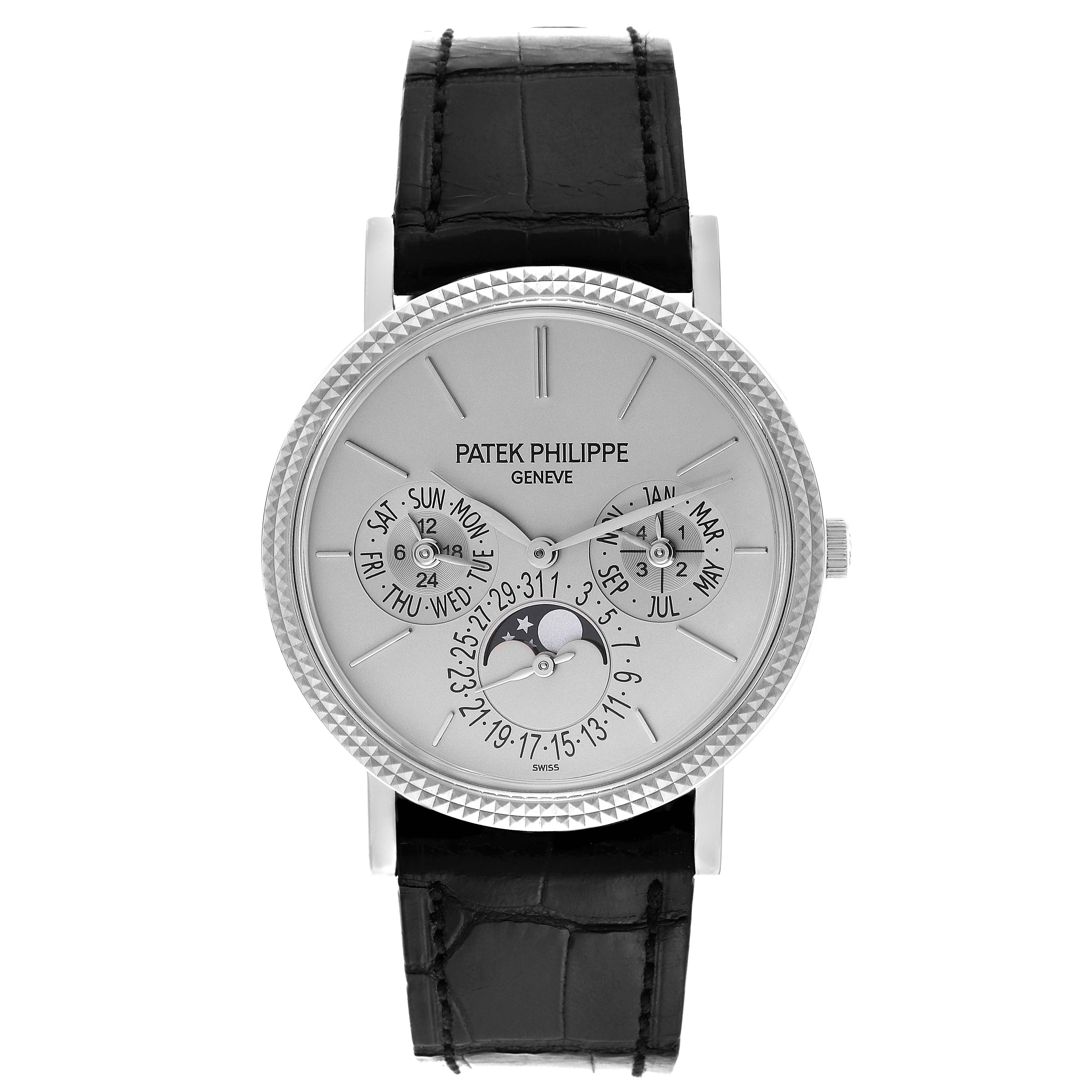 The image shows a front angle view of the Patek Philippe Complications 5139G-001 Men's White Gold Grey Dial 5139G-001 Men's White Gold Grey Dial watch, displaying its face and black leather strap.