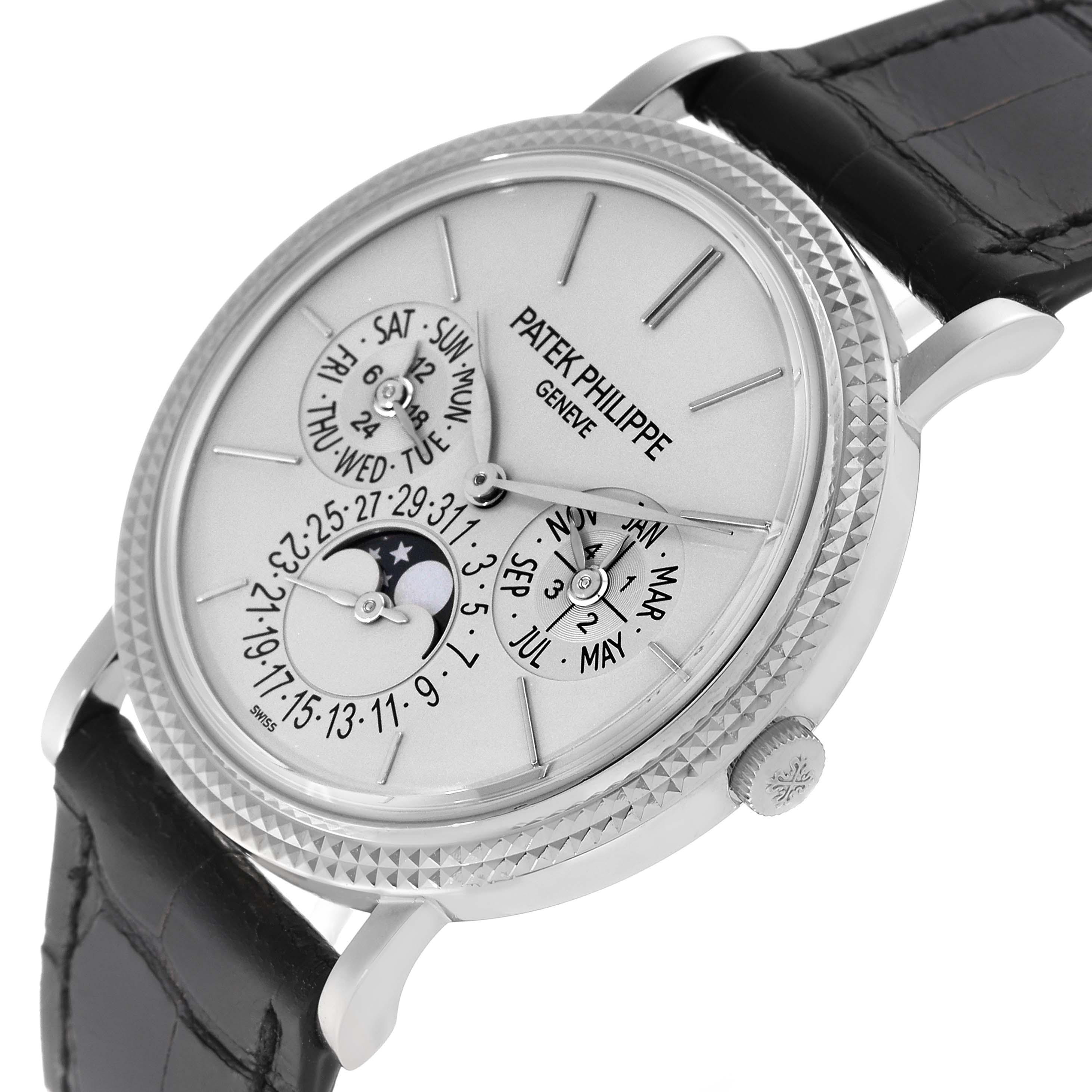 The Patek Philippe Complications 5139G-001 Men's White Gold Grey Dial 5139G-001 Men's White Gold Grey Dial watch is shown at a slight angle, displaying its face with the calendar and moon phase dials.