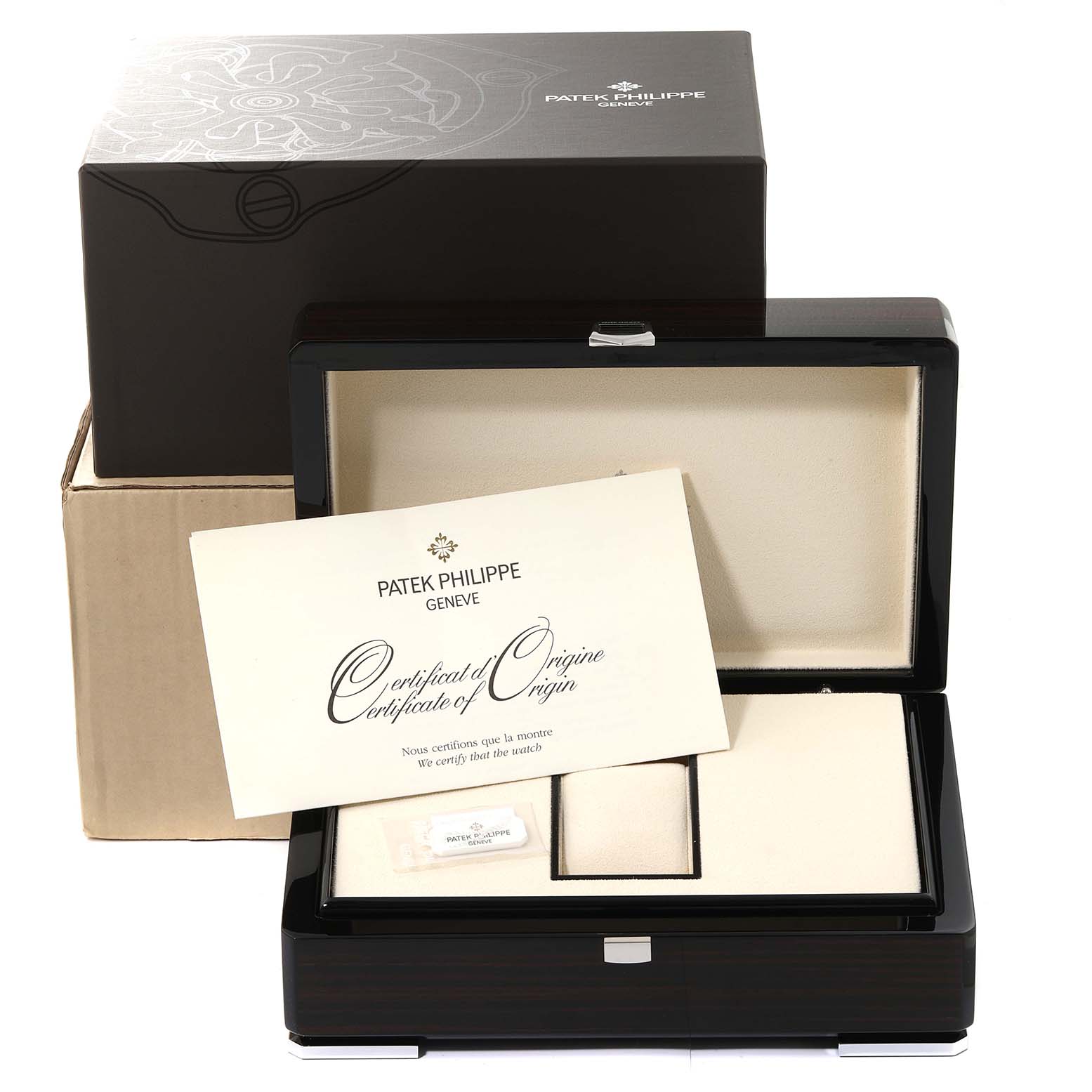The image shows the packaging, box, and certificate of origin for a Patek Philippe Complications 5139G-001 Men's White Gold Grey Dial 5139G-001 Men's White Gold Grey Dial model watch.