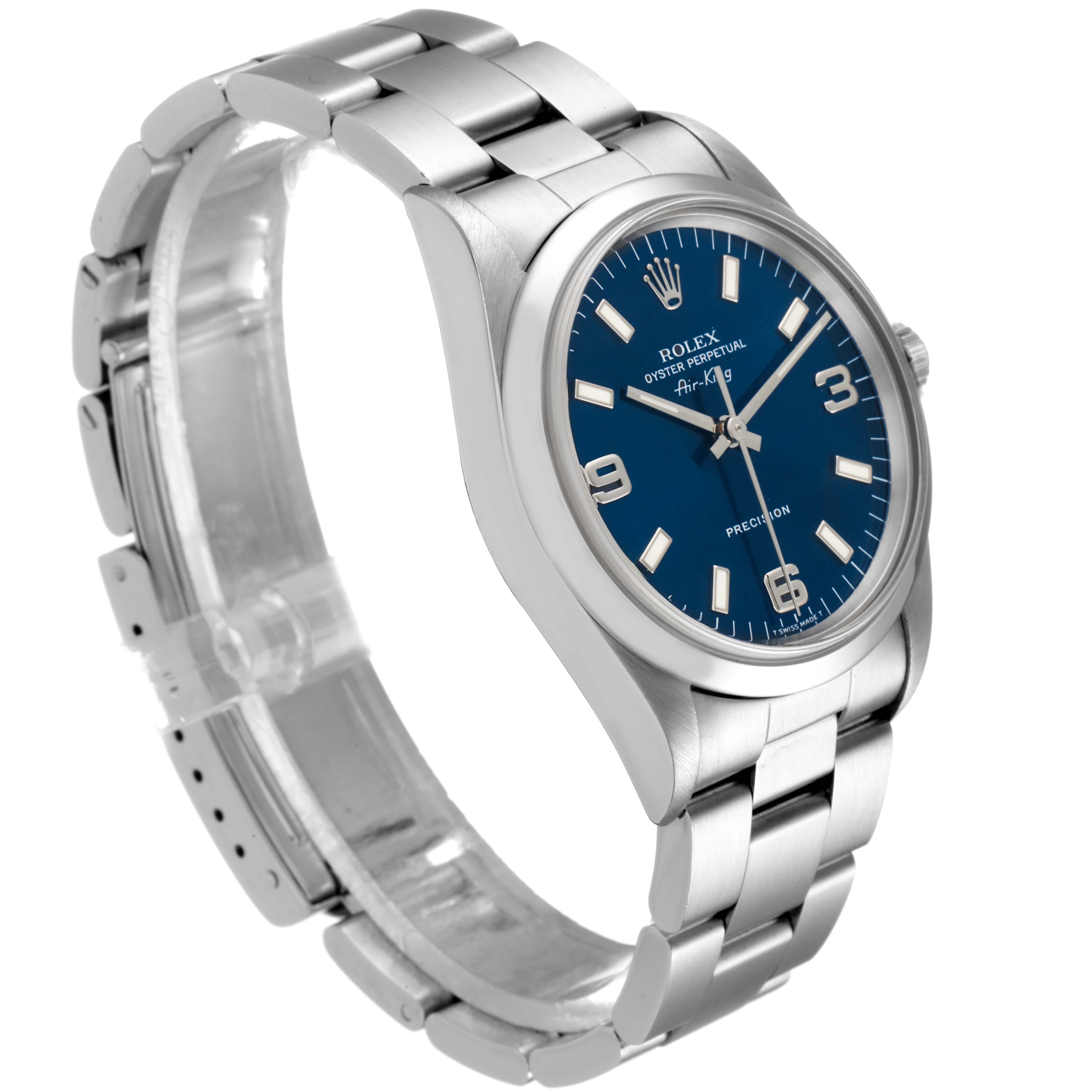 The image shows a Rolex Air-King 14000 Men's Stainless Steel Blue Dial 14000 Men's Stainless Steel Blue Dial watch at an oblique angle highlighting its face, bracelet, and clasp.