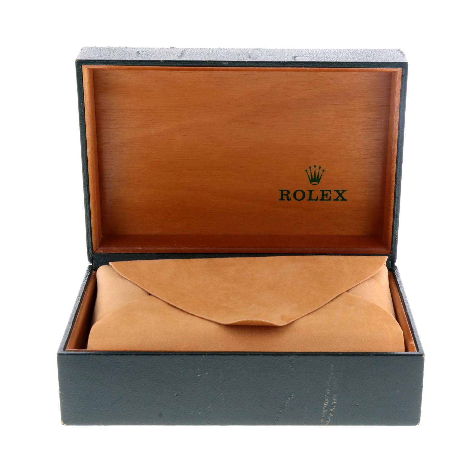 The image shows an open Rolex Air-King 14000 Men's Stainless Steel Blue Dial 14000 Men's Stainless Steel Blue Dial watch box, interior lined with wood, containing a brown leather pouch.