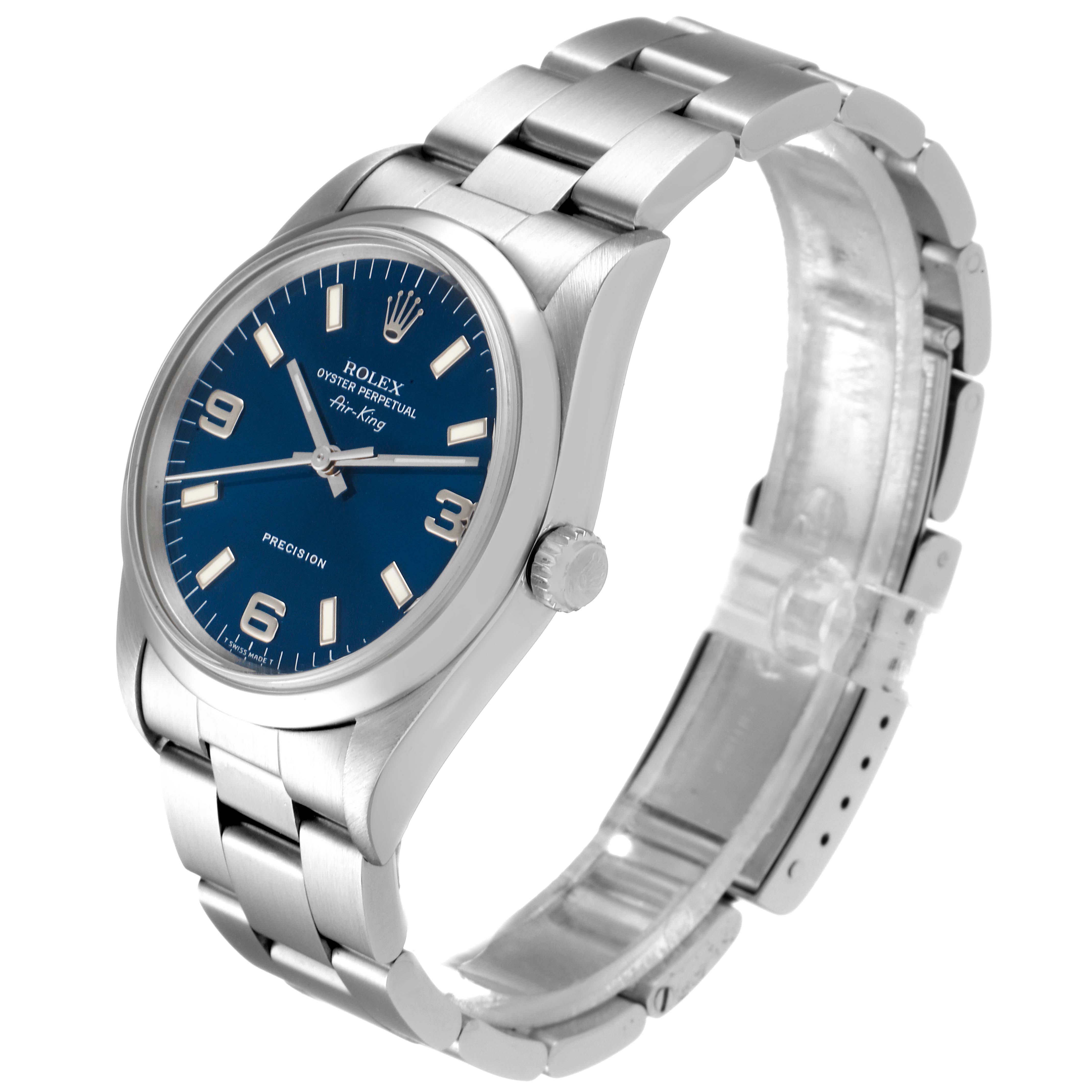 The image shows a side-angle view of a Rolex Air-King 14000 Men's Stainless Steel Blue Dial 14000 Men's Stainless Steel Blue Dial watch, highlighting its blue dial, crown, and metal bracelet.