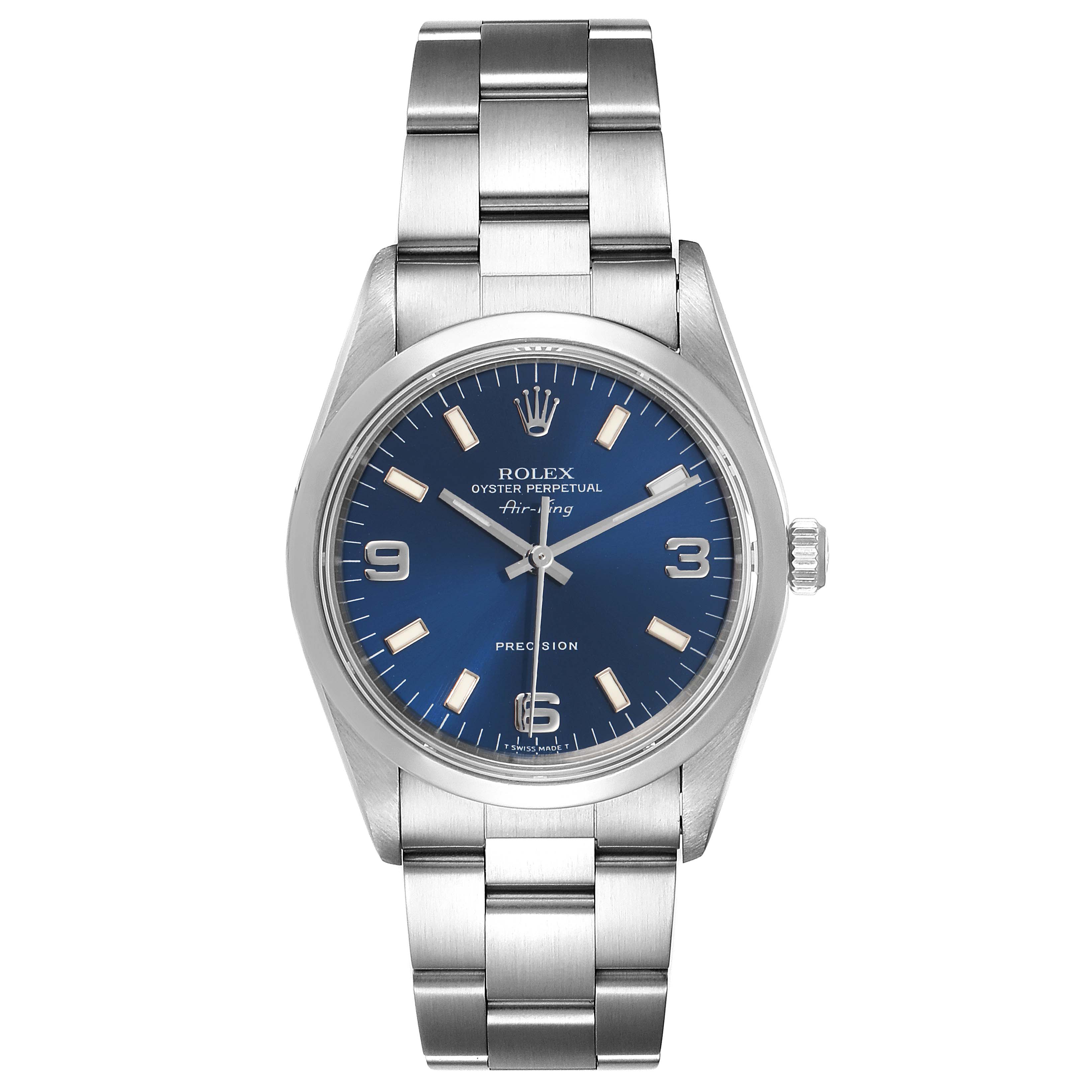 The image shows a front view of the Rolex Air-King 14000 Men's Stainless Steel Blue Dial 14000 Men's Stainless Steel Blue Dial watch, displaying its face, bezel, crown, and bracelet.