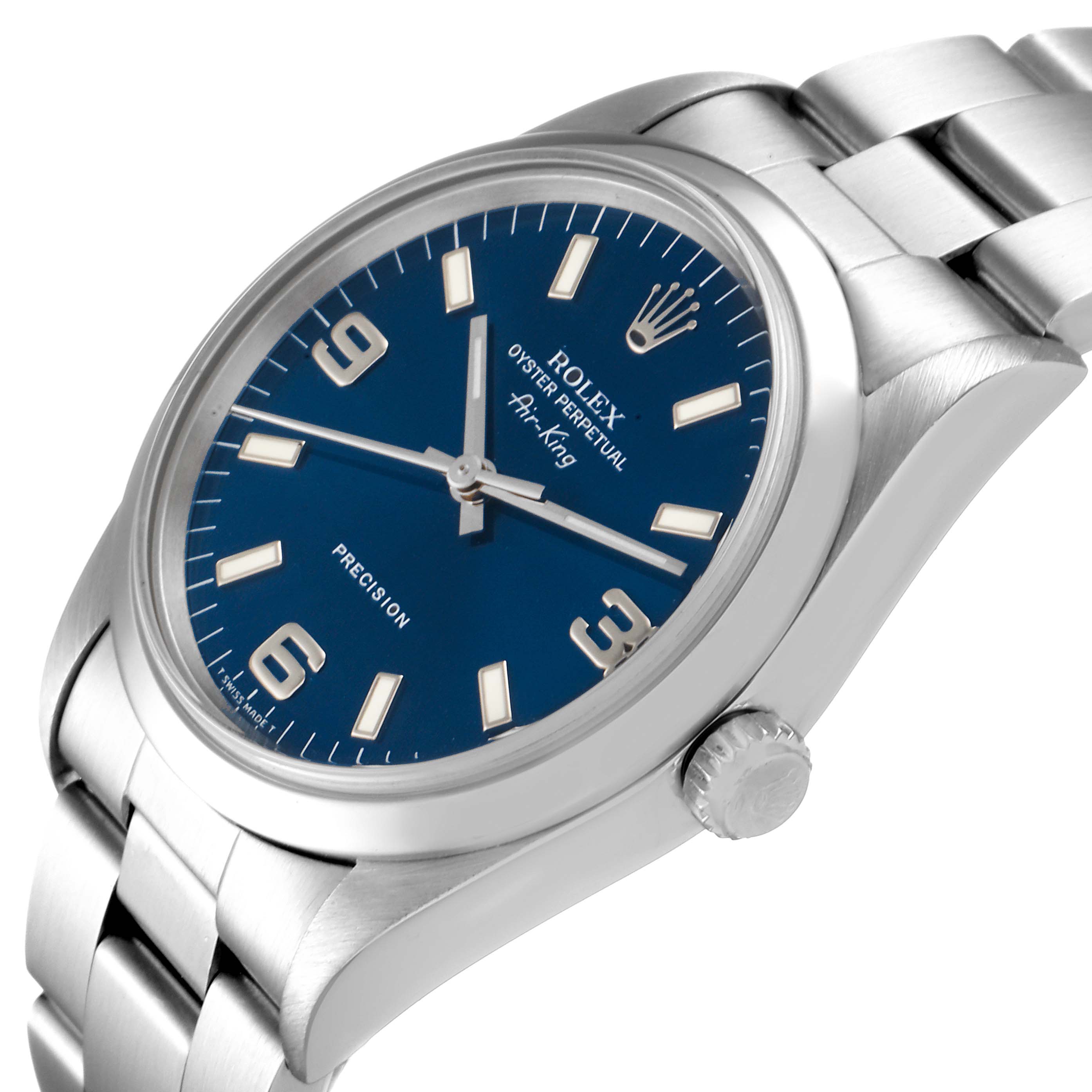 This image shows a Rolex Air-King 14000 Men's Stainless Steel Blue Dial 14000 Men's Stainless Steel Blue Dial watch angled from the front-right, displaying its dial, crown, and part of the bracelet.