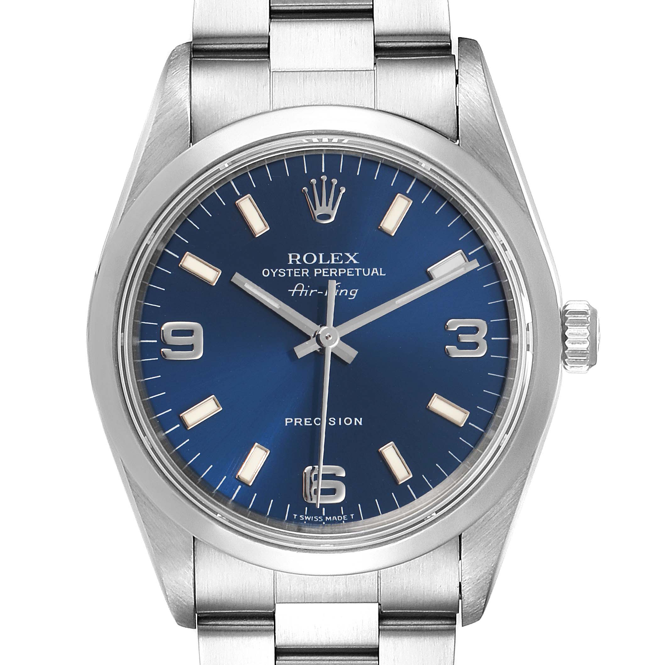 This image shows a front view of a Rolex Air-King 14000 Men's Stainless Steel Blue Dial 14000 Men's Stainless Steel Blue Dial watch, highlighting the dial, hands, and part of the bracelet.